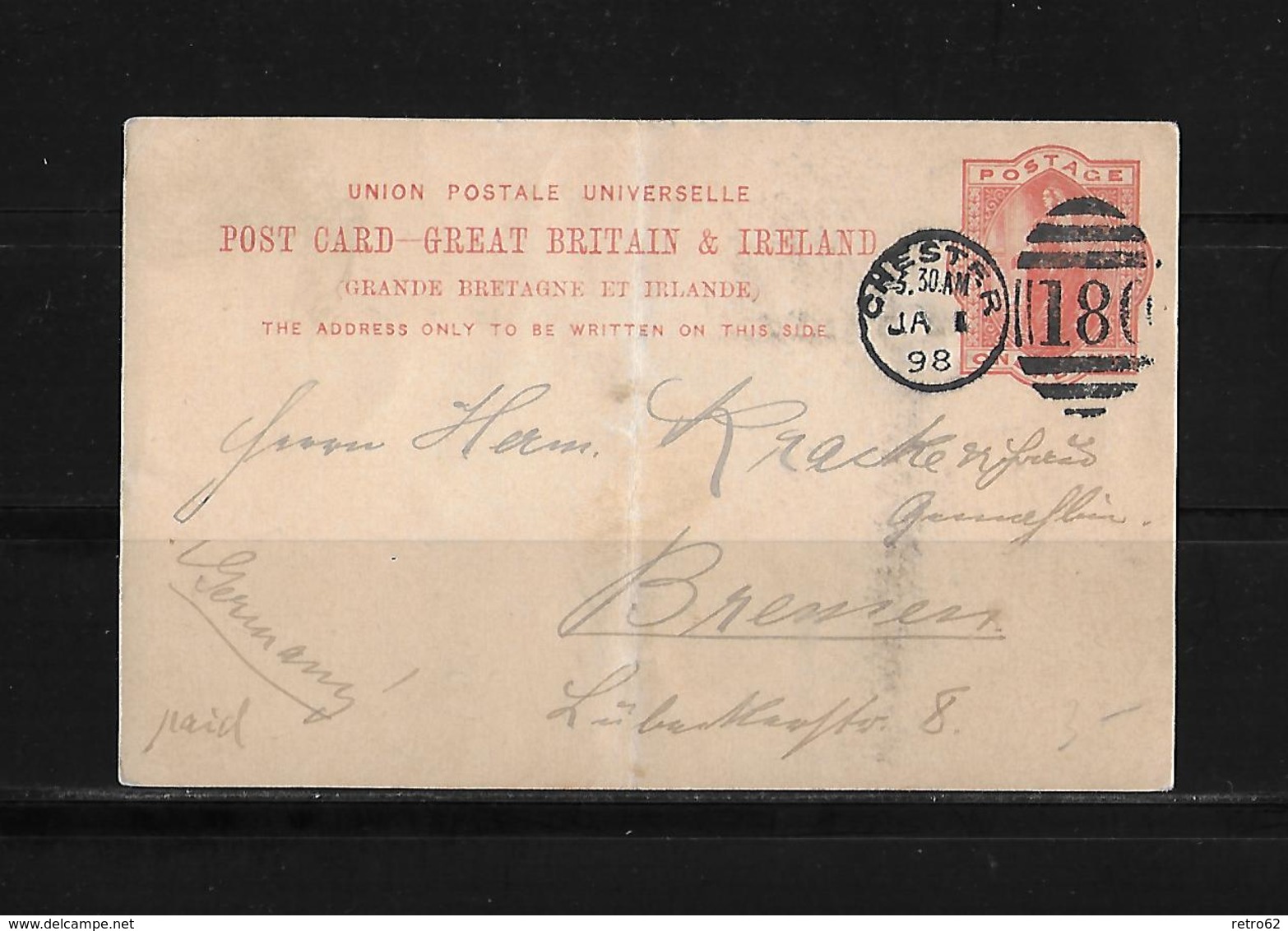 1898 Great Britain → 1d Red UPU PS Postcard Chester Type H Duplex Cover To Germany - Lettres & Documents