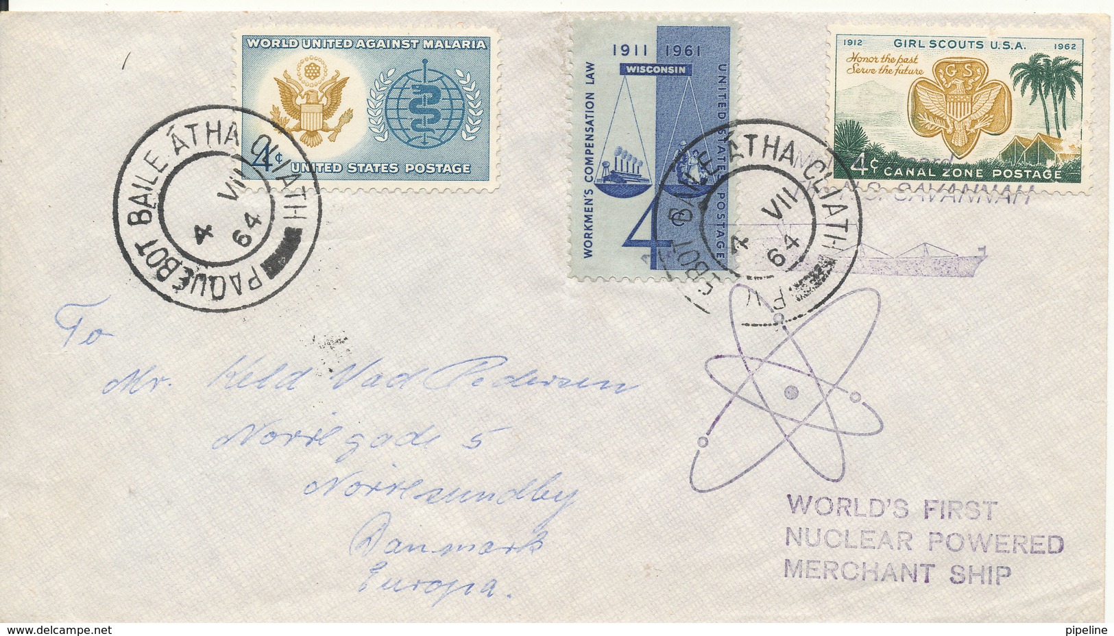 USA Air Mail Cover Paquebot Sent From Worlds First Nuclear Powered Merchant Ship N/S Savannah To Denmark 4-7-1964 - Covers & Documents