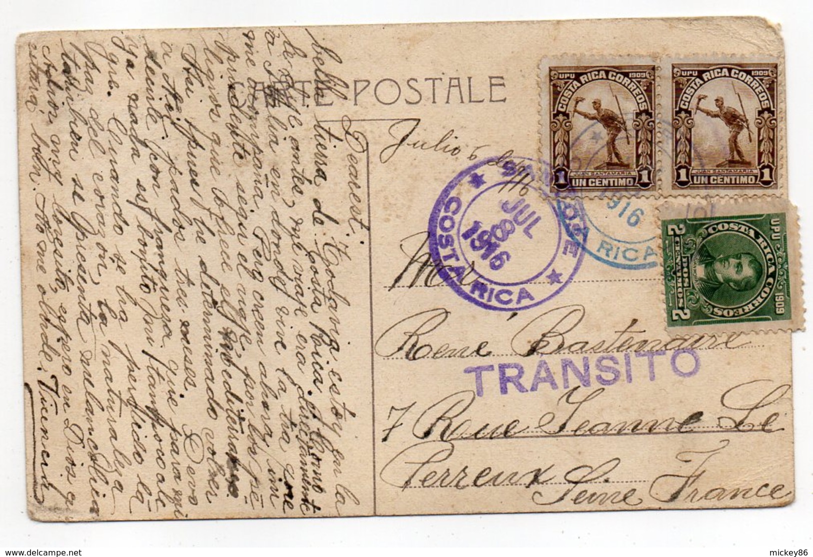 Costa-Rica--1916--carte Postale Animée De NAPLES(Italie)  SAN JOSE Pour LE PERREUX (France)--griffe TRANSITO-timbres-- - Costa Rica