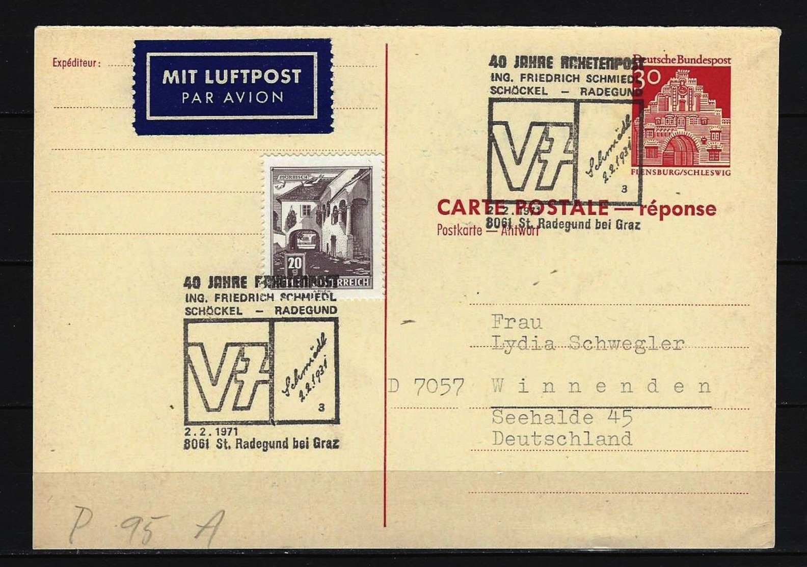 BUND -  P 95 A Postkarte Gelaufen Sonderstempel 40 Jahre Raketenpost 8061 St. Radegund 2.2.1971 - Cartes Postales - Oblitérées