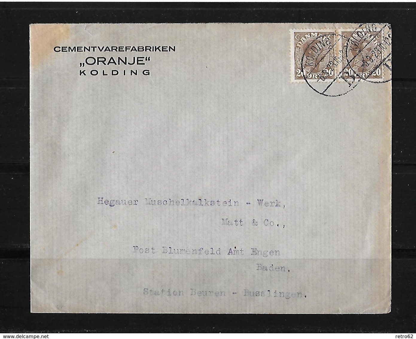 1923 Denmark → 40 Ore (2 X 20 Ore Brown) On Kolding Letter Cover To Germany - Lettres & Documents