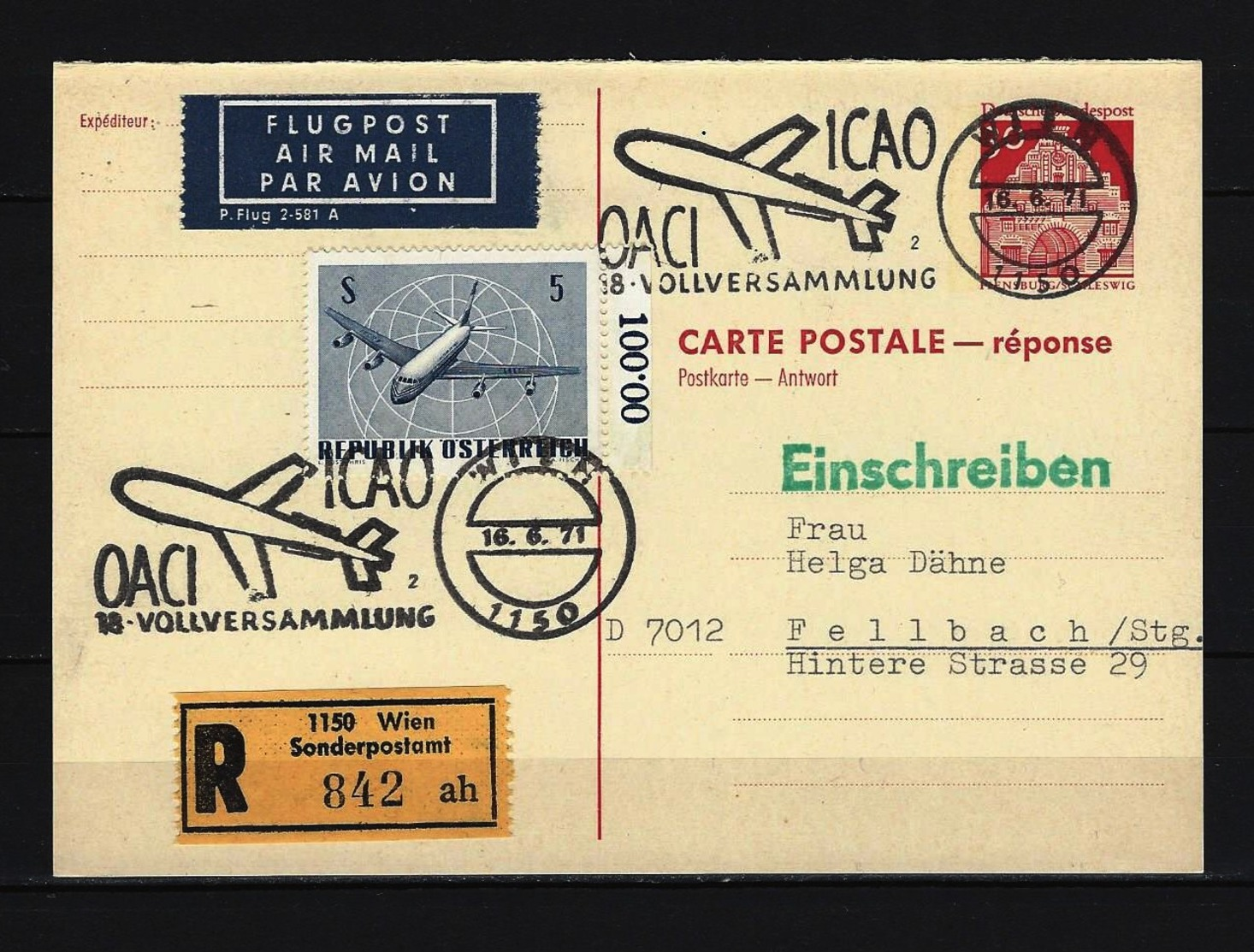 BUND -  P 95 A Postkarte Gelaufen Sonderstempel RECO 1150 Wien Sonderpostamt Vollversammlung OACI 16.6.71 - Postcards - Used