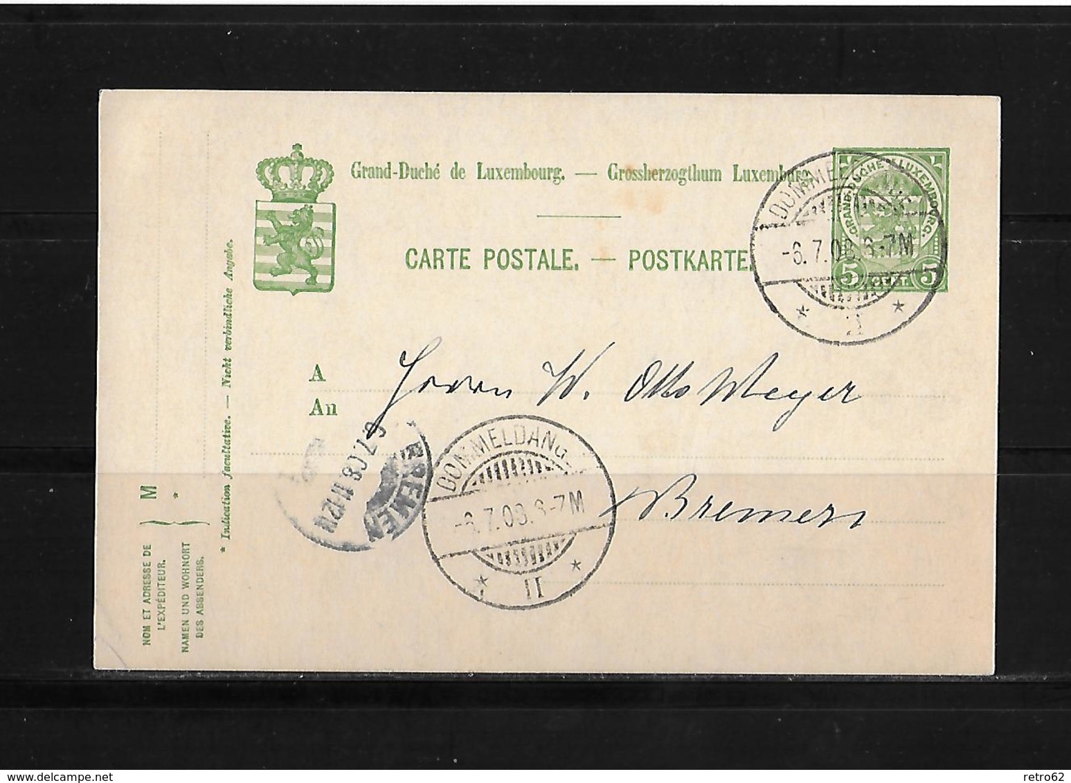 1908 Luxembourg → 5 C Green PS Postcard Dommeldange Cover To Bremen, Germany - Entiers Postaux