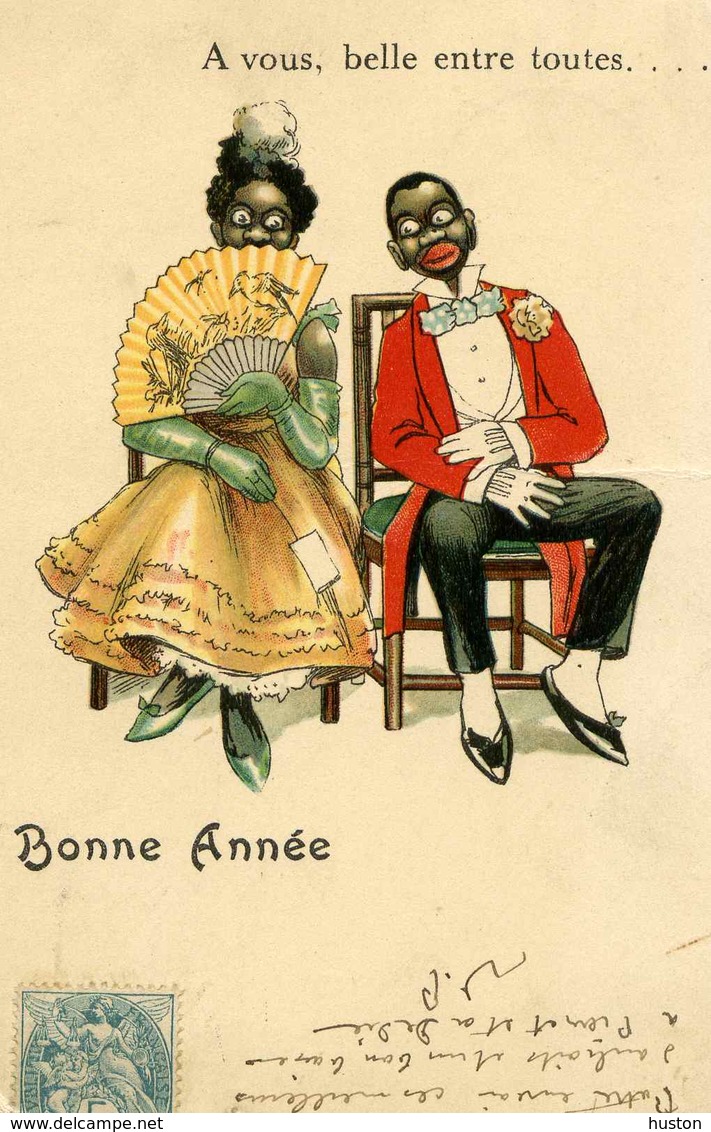 Humour Négroïde - Femme Noire Avec éventail, Homme Noir En Smoking - Humour