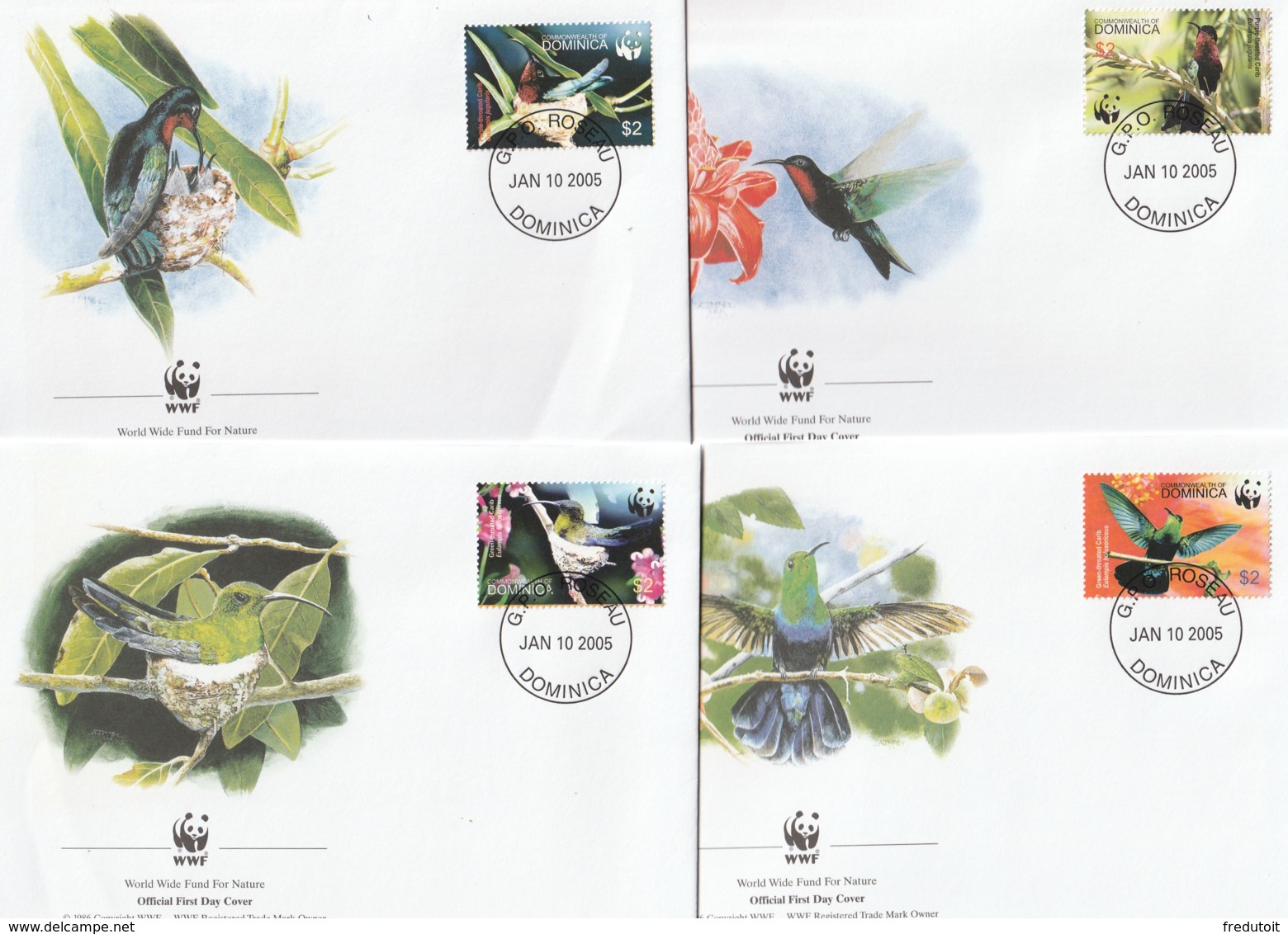 DOMINICA - 4 FDCS - OISEAUX - 2005 - FDC