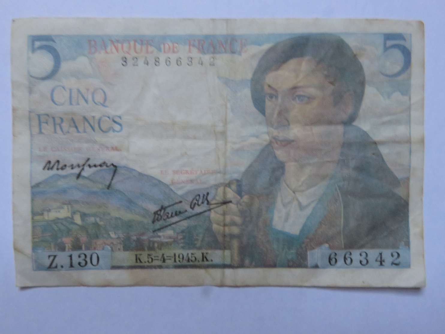 Billet France, 5 Francs, 1945, 1945-5-4 - ​MISE A PRIX 1€ ! Bonne Enchères - 5 F 1943-1947 ''Berger''