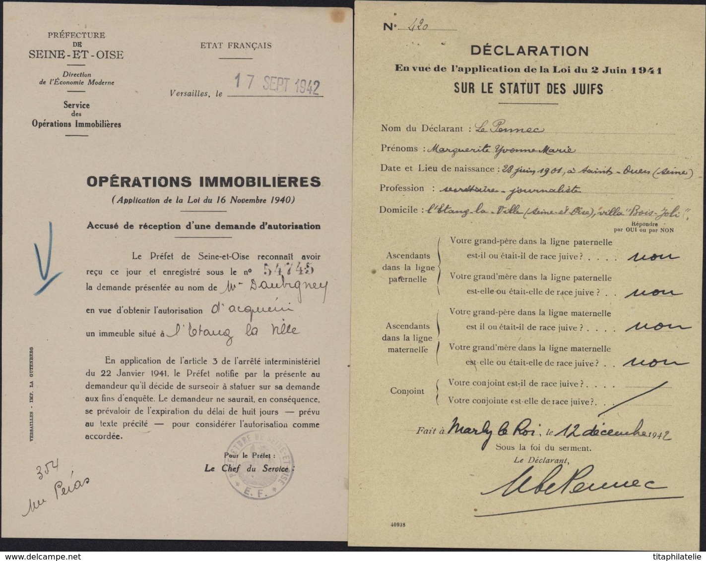 Guerre 39 45 Commissariat Question Juive Judaica Persécution Raciale Opérations Immobilières Autorisation Anti Juif - Guerre De 1939-45