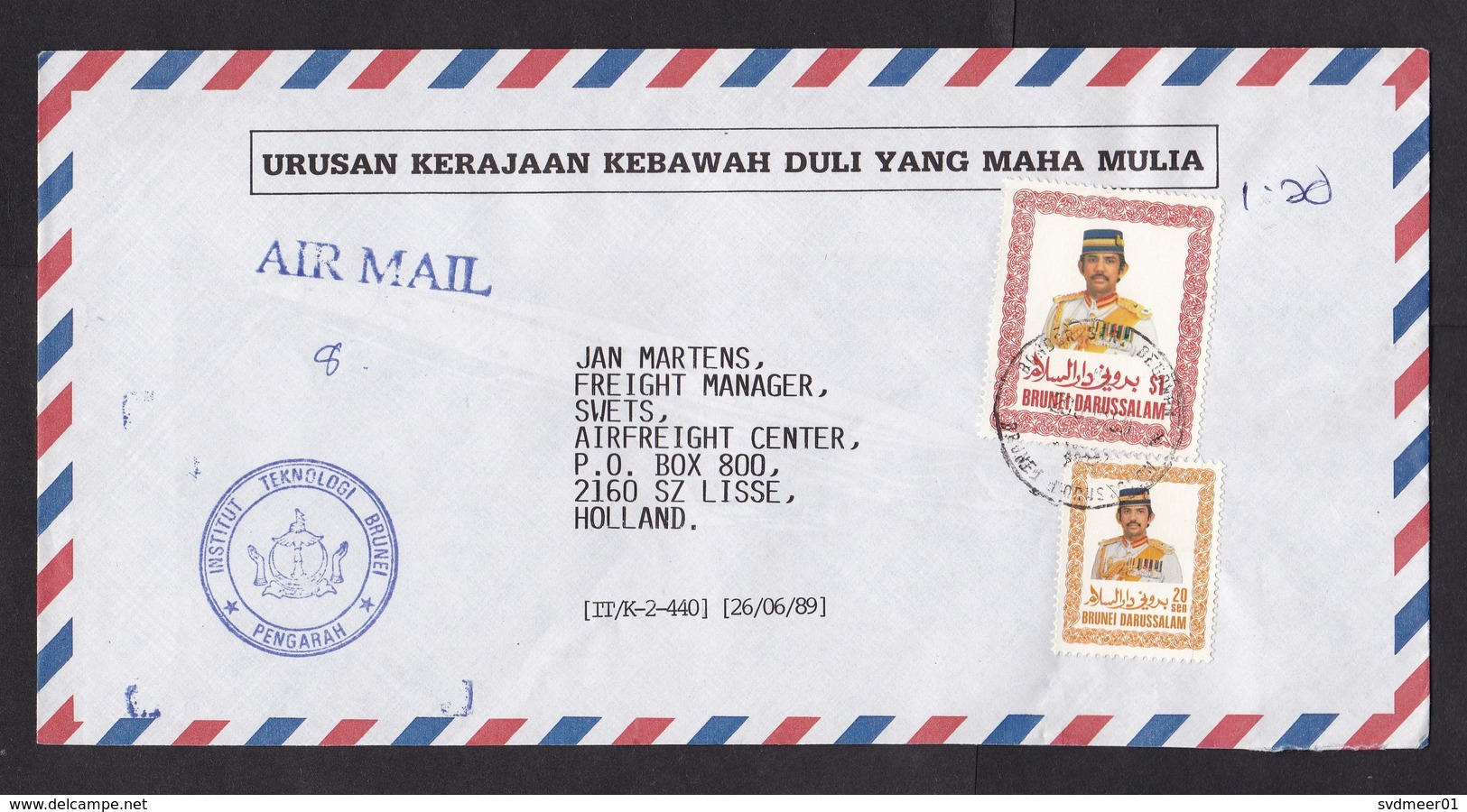 Brunei: Airmail Cover To Netherlands, 1989, 2 Stamps, Sultan (traces Of Use) - Brunei (1984-...)