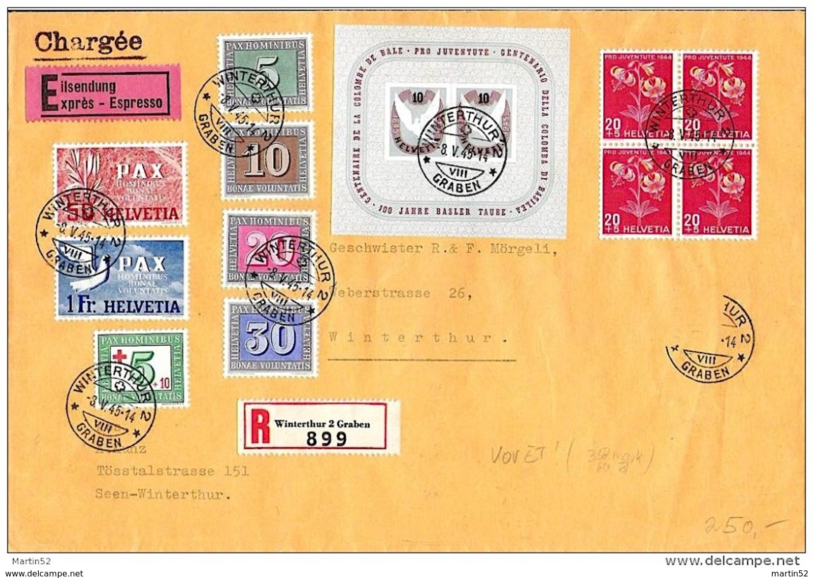 Schweiz Suisse 1945: PAX Zu 262/270 Mi 447/455+Block 12Yv 405/413 Auf VOR-FDC Mit O WINTERTHUR 8.V..45 (Zu CHF 200.00) - FDC