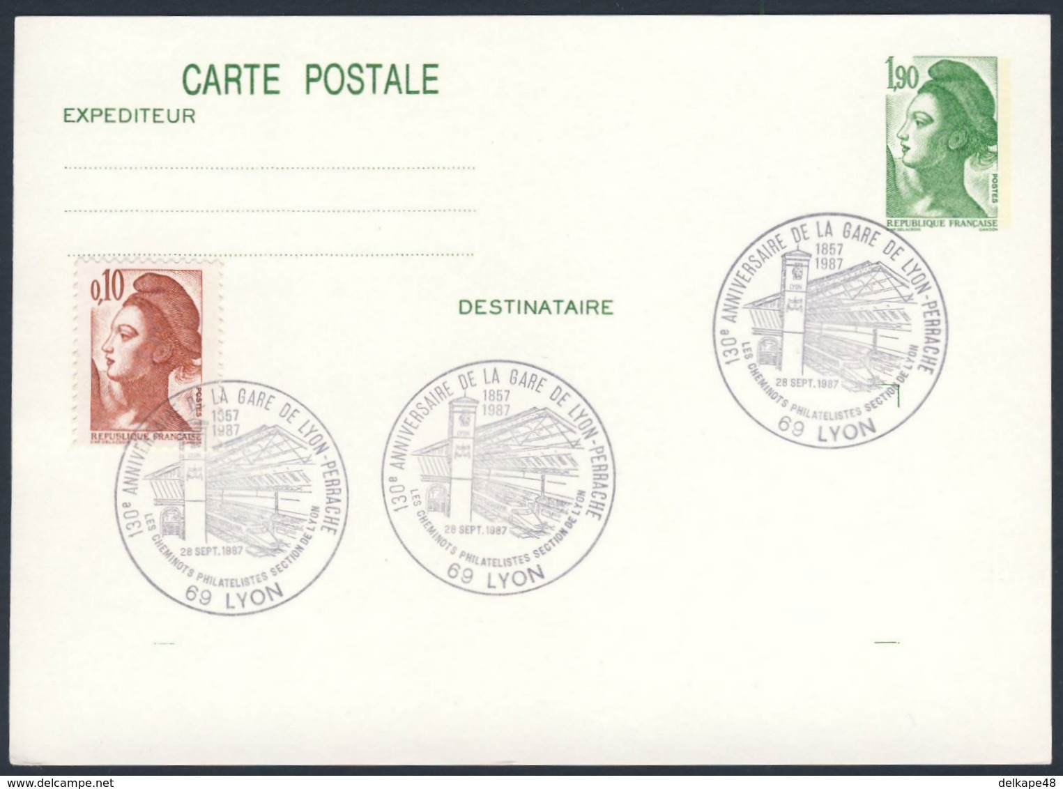 France Rep. Française 1987 Card / Karte / Carte - 130e Ann. Gare De Lyon-Perrache 1857-1987 / Railway Station / Bahnhof - Treinen