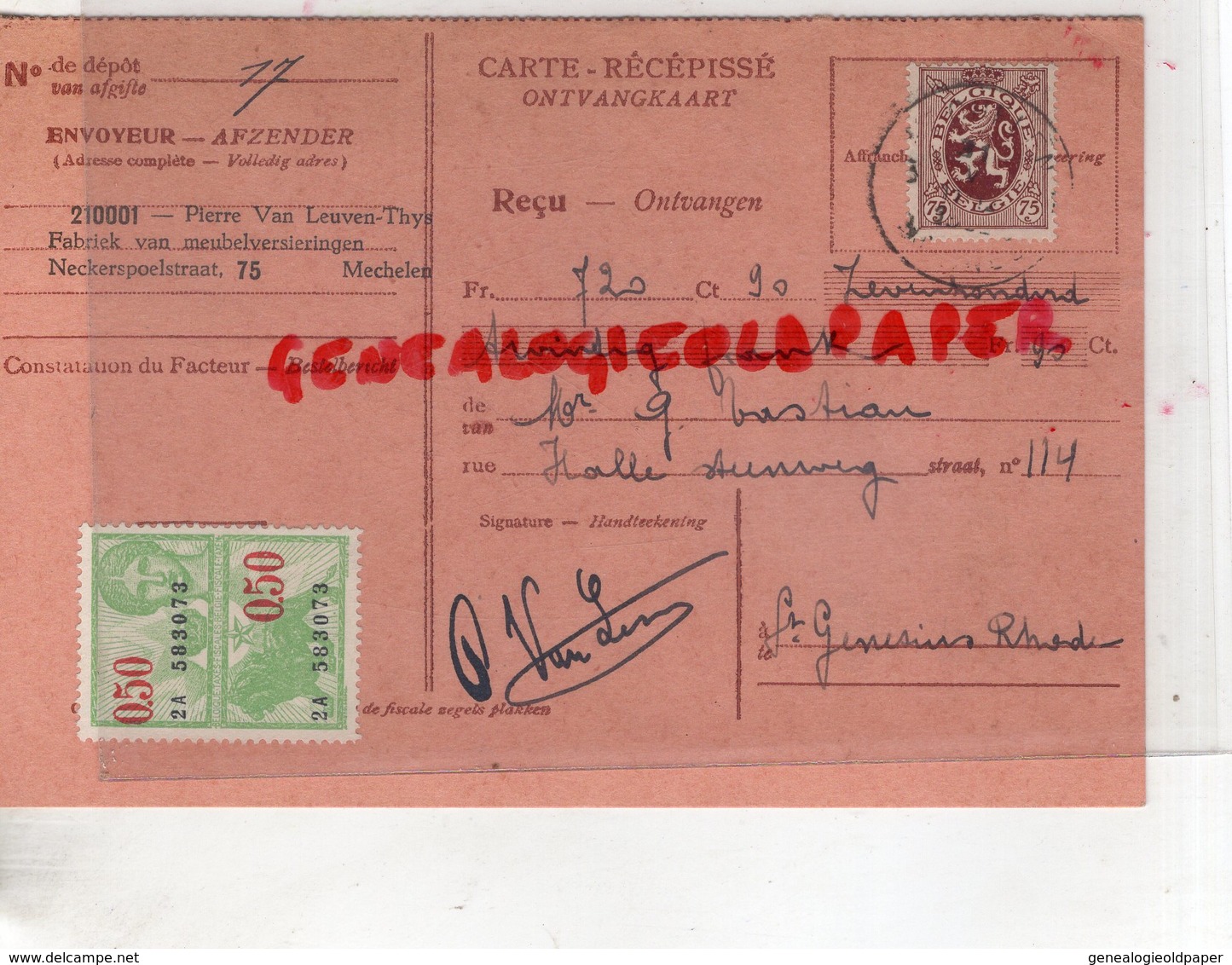 BELGIQUE- RARE CARTE RECEPISSE AFZENDER-PIERRE VAN LEUVEN THYS-FABRIEK VAN MEUBELVERSIERINGEN-NECKERSPOELSTRAAT-MECHELEN - Ambachten