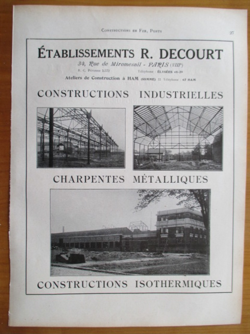 1926 - Construction Charpente  Métallique Ets DECOURT à HAM (Somme)   - Page Originale ARCHITECTURE INDUSTRIELLE - Arquitectura