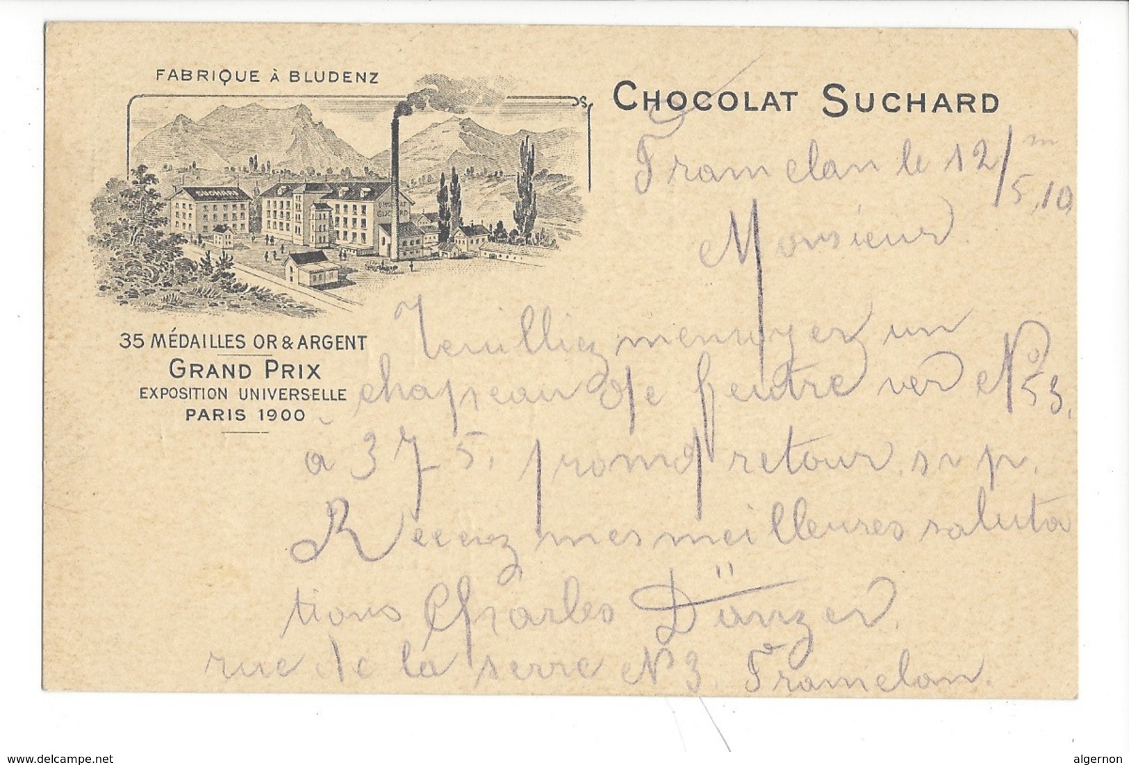 20899 -  Fabrique Bludenz Chocolat Suchard Grand Prix De Paris 1900 De Tramelan 12.05.1910 Pour Bienne - Publicité