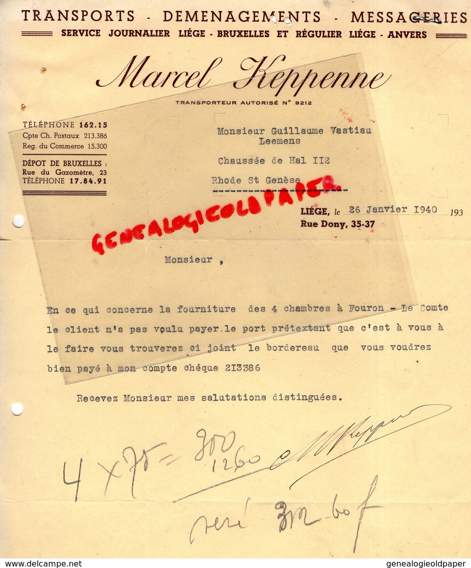 BELGIQUE- LIEGE- RARE LETTRE SIGNEE MARCEL KEPPENNE- TRANSPORTS-DEMENAGEMENTS-MESSAGERIES--BRUXELLES-ANVERS-1940 - Artesanos