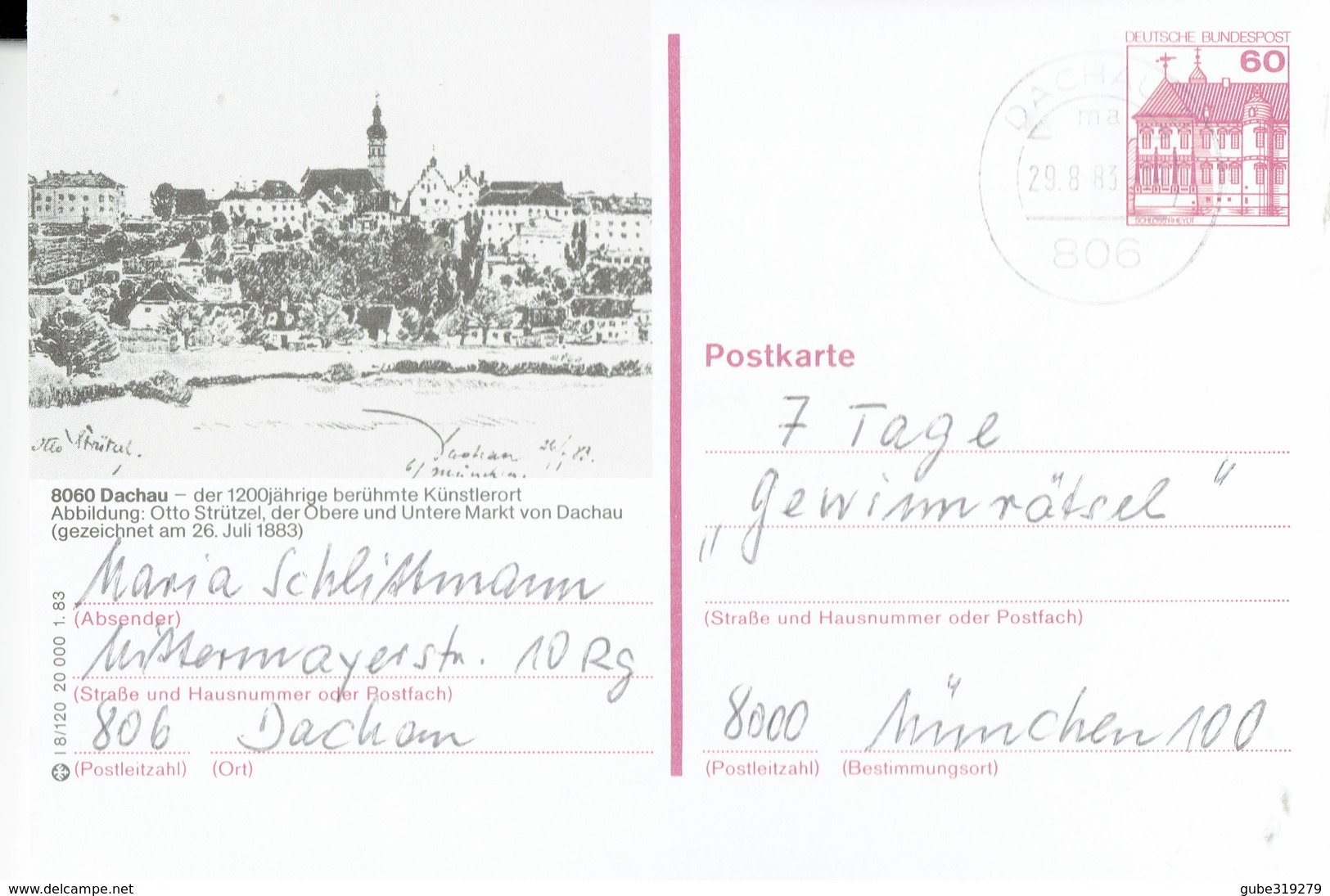 GERMANY 1983 - DACHAU  -POSTKARTE -OBL  "" 28.8.1983 - DER 1200 JAHRE BERUHMTE KUNSTLERORT... IMAGE  PRESTAMPED  0,60 DM - Dachau