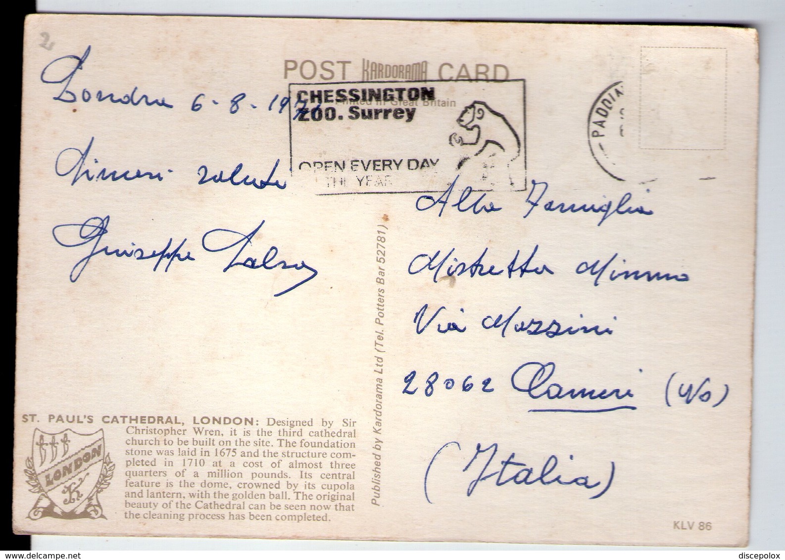 U3897 Nice Timbre (flamme)"CHESINGTON ZOO.SURREY" On Postcard LONDON, ST PAUL'S CATHEDRAL _ KARDORAMA - St. Paul's Cathedral