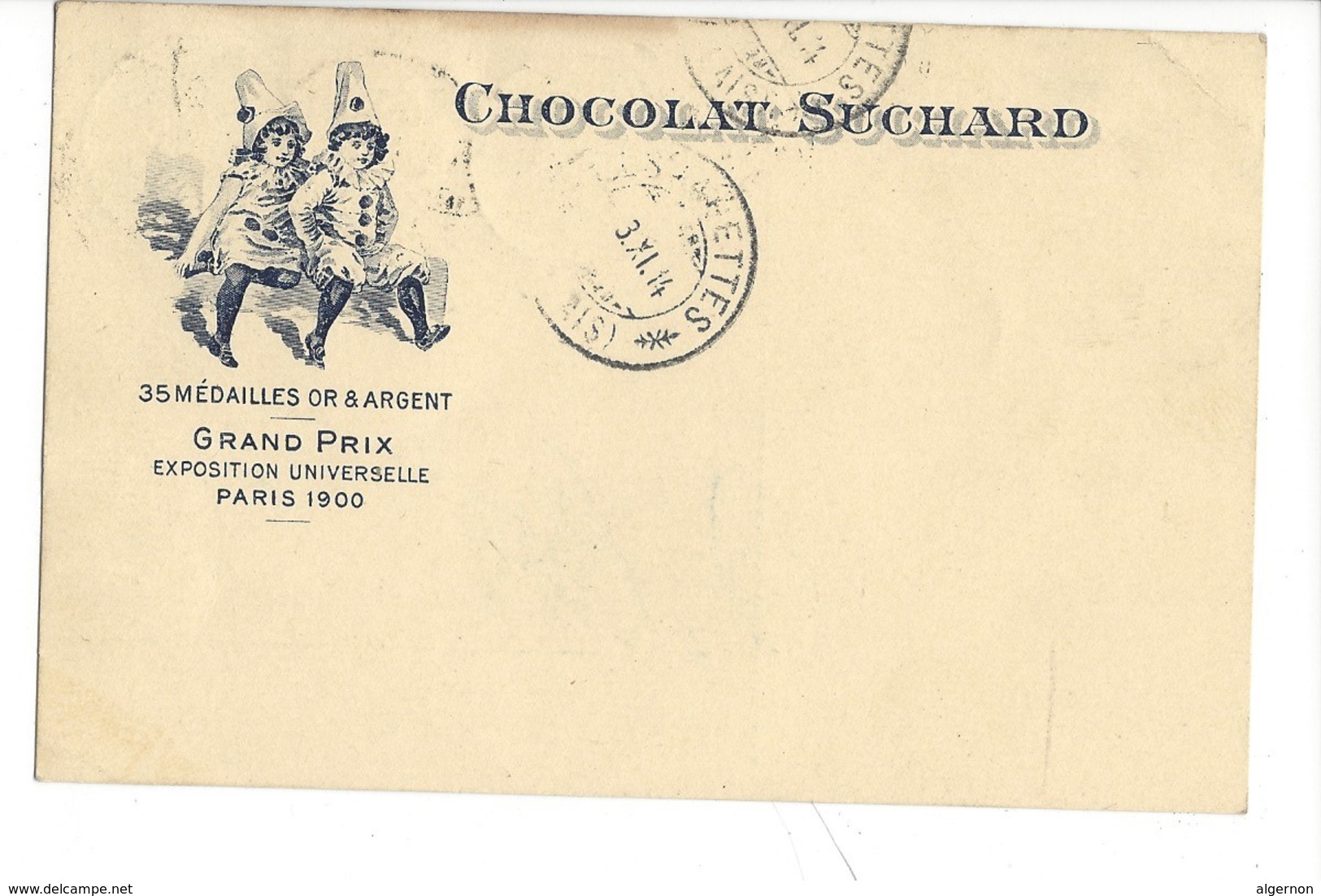 20902-   Chocolat Suchard 2 Arlequins De Chamoson 31.10.1914 + Cachet Receveur De Conthey - Publicité