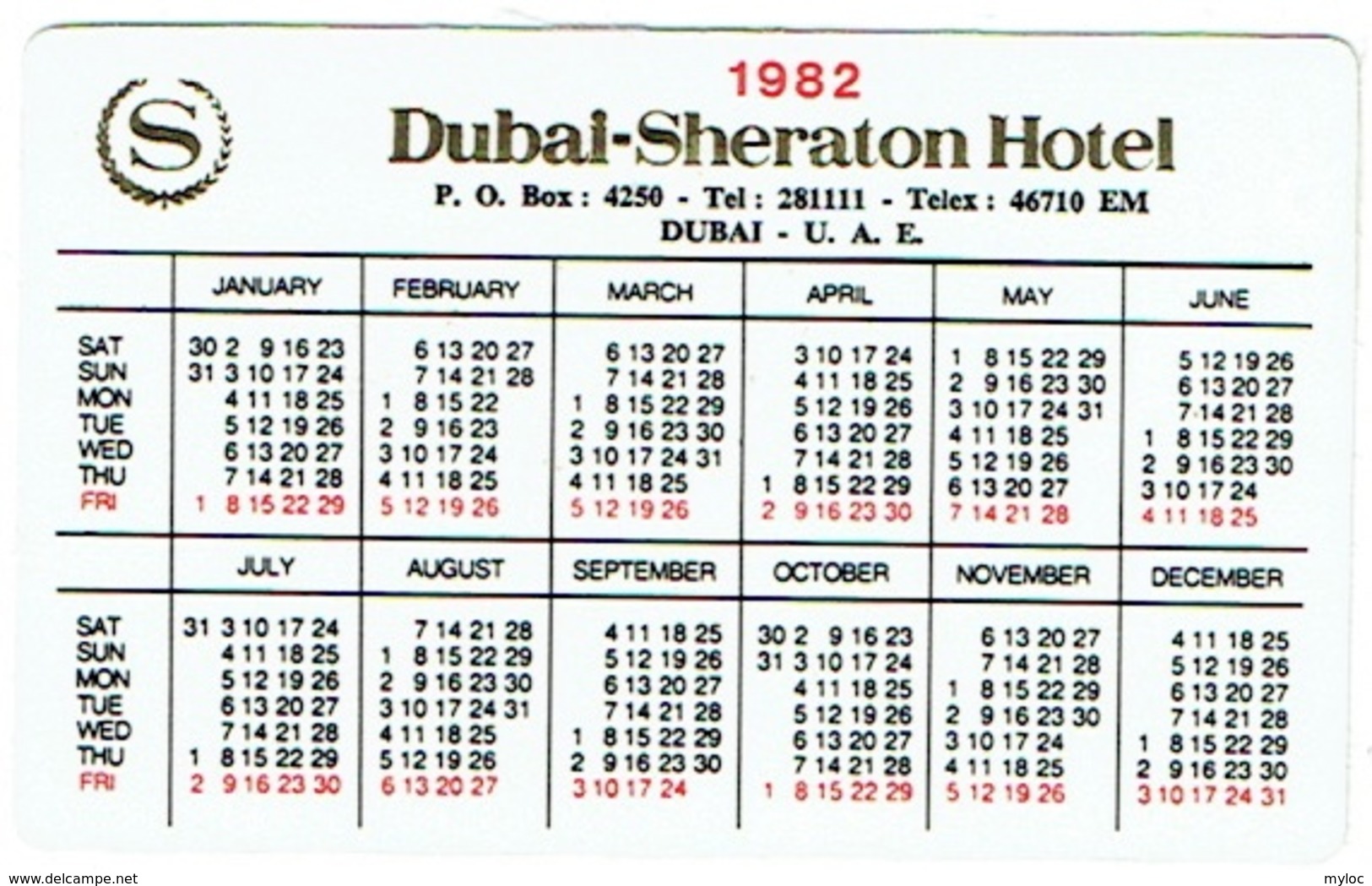 Calendrier. Dubai-Sheraton Hotel. 1982. - Klein Formaat: 1981-90