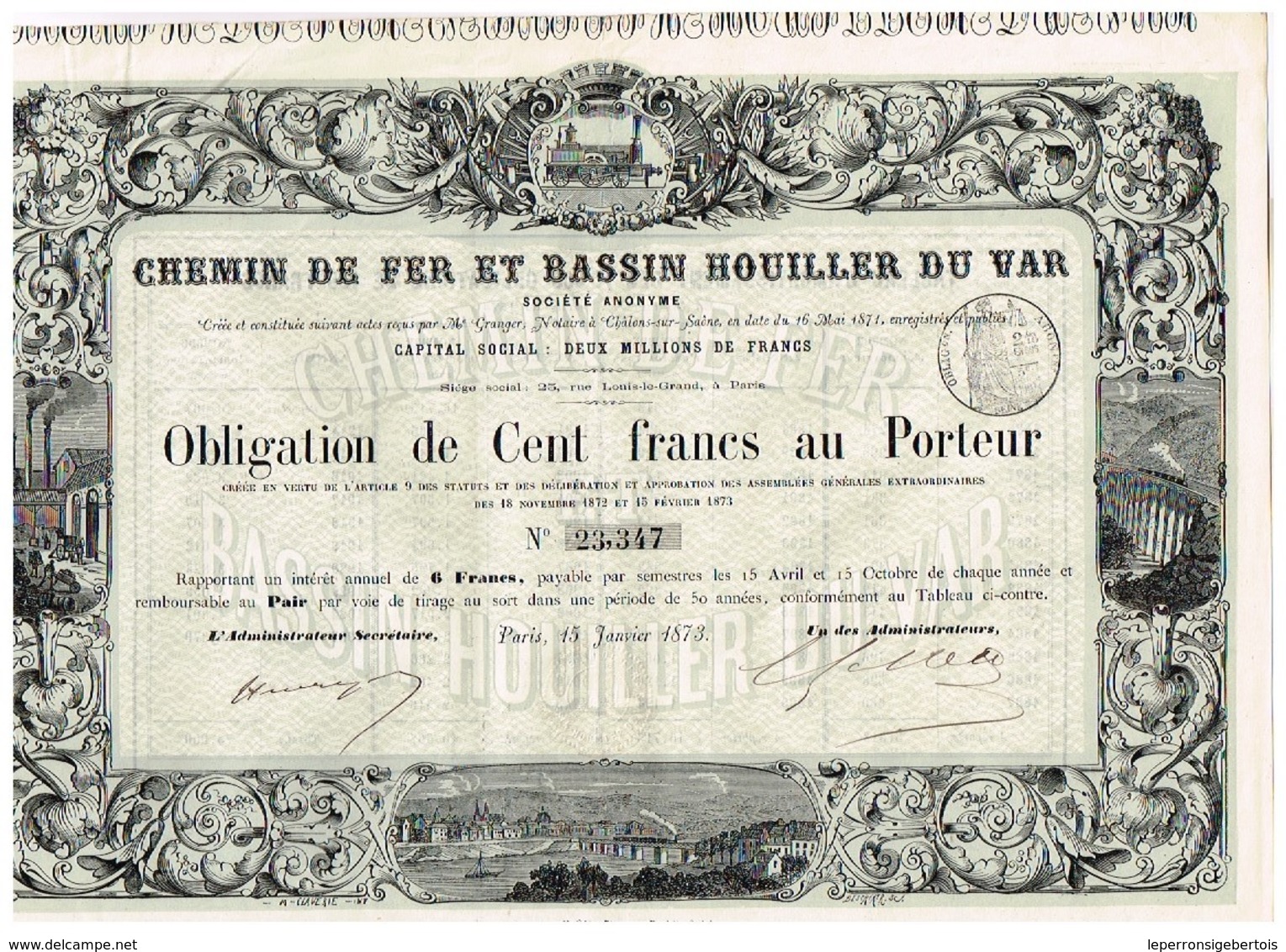 Obligation Ancienne - Chemin De Fer Et Bassin Houiller Du Var -Titre De 1873 - N° 23347 - Déco - Chemin De Fer & Tramway