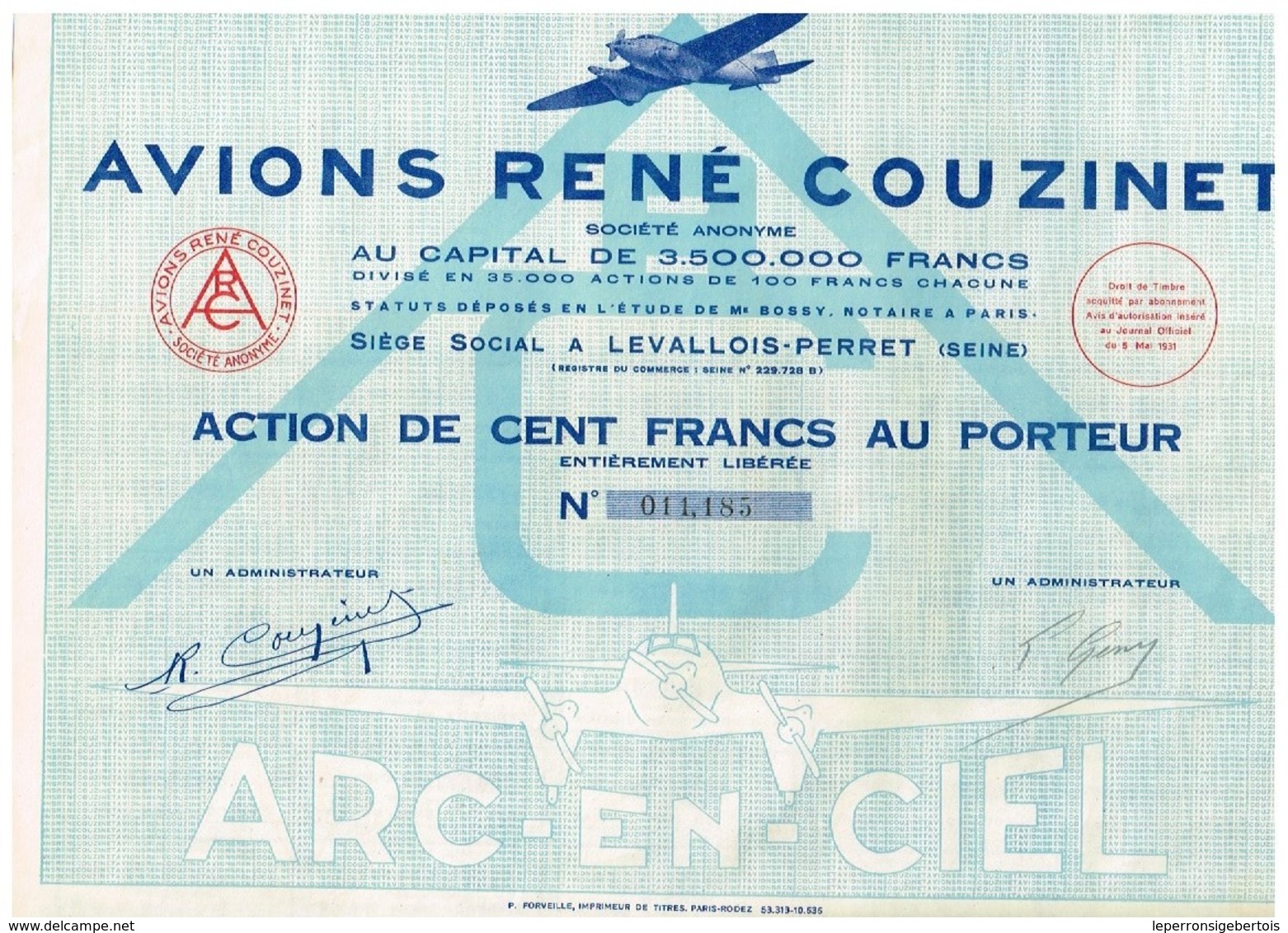 Action Ancienne - Avions René Couzinet -Titre De 1931 - N° 011.185 - Aviation