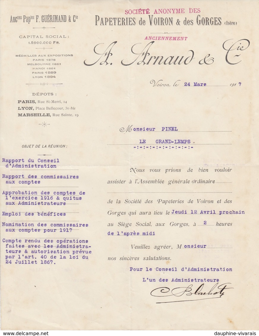 CONVOCATION AG 1917 - PAPETERIE DE VOIRON ET DES GORGES - ANCIENNEMENT GUERIMAND, ARNAUD -  ISERE 38 - Stamperia & Cartoleria