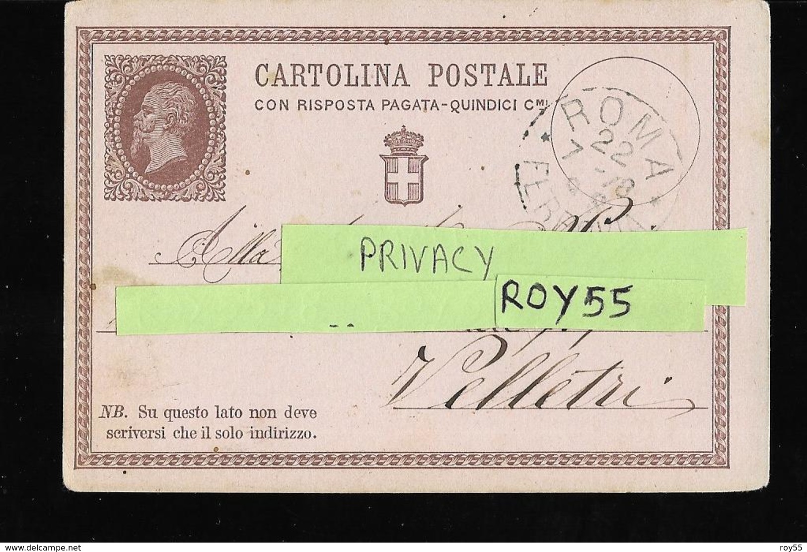 Lazio-velletri Cartolina Postale V.emanuele II Con Risposta Pagata 15 Cent Spedita Da Roma Arrivo A Velletri 1878 Lato D - Velletri