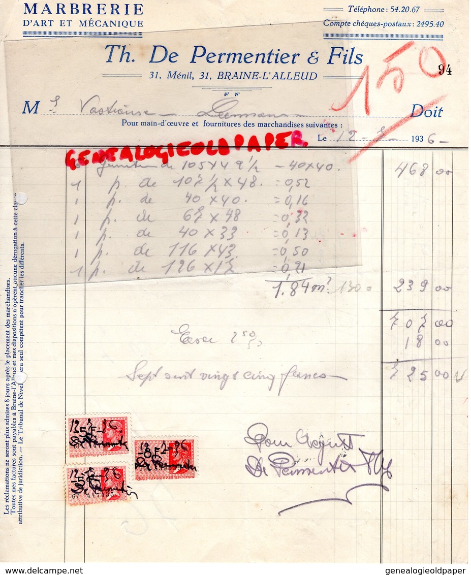 BELGIQUE - MENIL- RARE FACTURE TH. DE PERMENTIER & FILS- MARBRERIE MARBRE-30 BRAINE L' ALLEUD-1936 - Old Professions