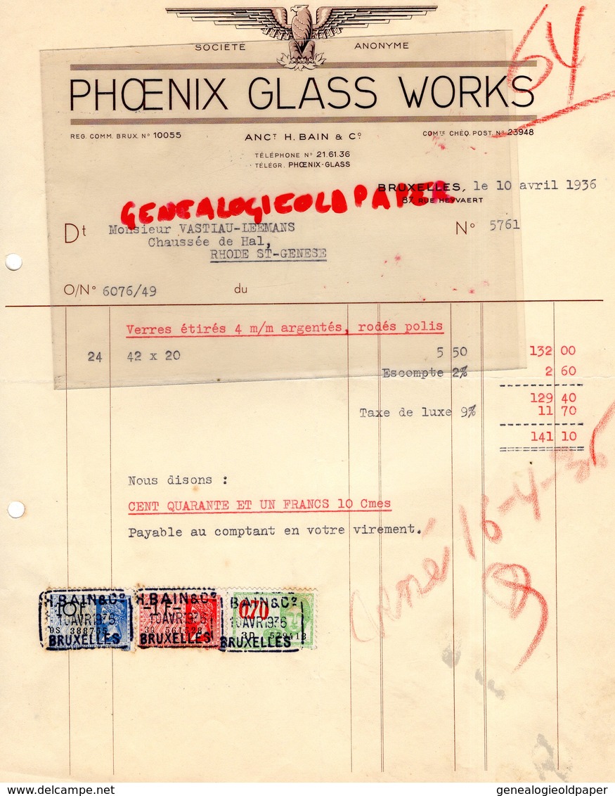 BELGIQUE- BRUXELLES- RARE FACTURE PHOENIX GLASS WORKS-H. BAIN & CIE- VASTIAU LEEMANS RHODE ST GENESE-1936 - Artesanos