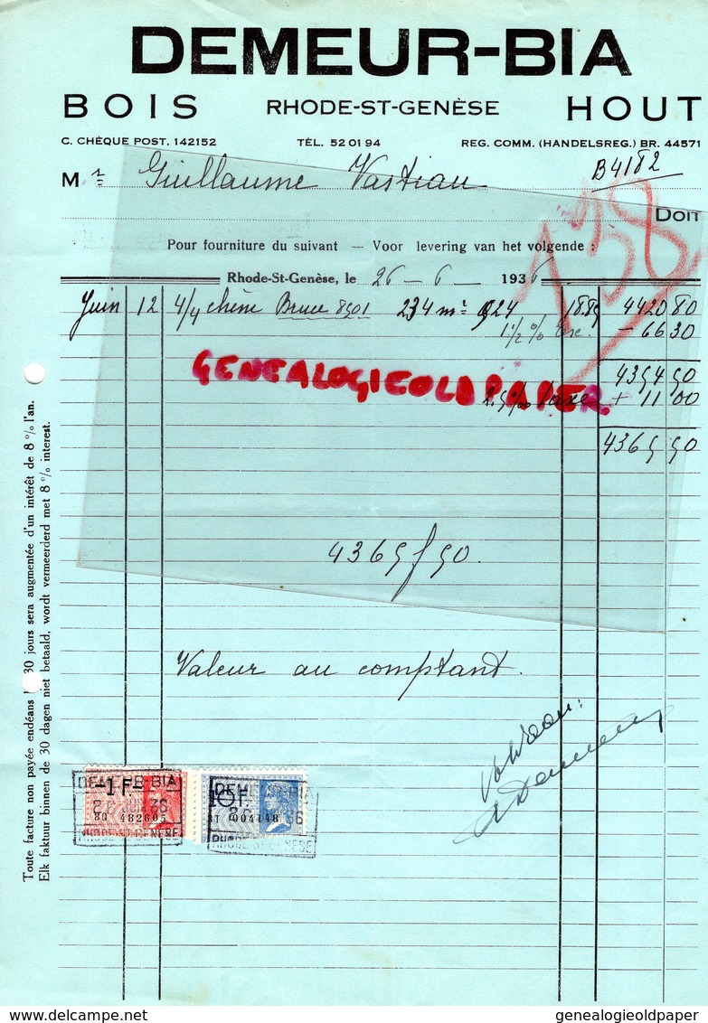 BELGIQUE- RHODE SAINT GENESE- RARE FACTURE DEMEUR BIA- BOIS - HOUT- 1936 - Straßenhandel Und Kleingewerbe