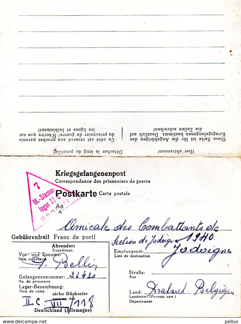 Kriegsgefangenenpost  Guerre 1940/45 Stalag II C Greifswald  Carte Avec Réponse + Censure Vers Jodoigne FIXED PRICE ! - Dokumente