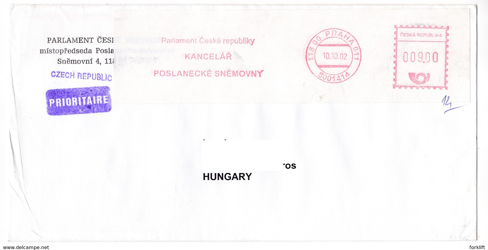 K99 Czech Republic Red Meter Freistempel EMA 2002 PRAHA Parlament Ceské Republiky KANCELÁR Chambre Des Députés - Lettres & Documents