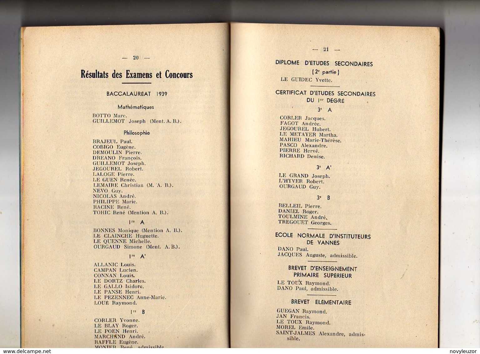 56 PONTIVY   Palmarés Lycée De PONTIVY Année Scolaire 1939 1940   79 Pages - Diplômes & Bulletins Scolaires