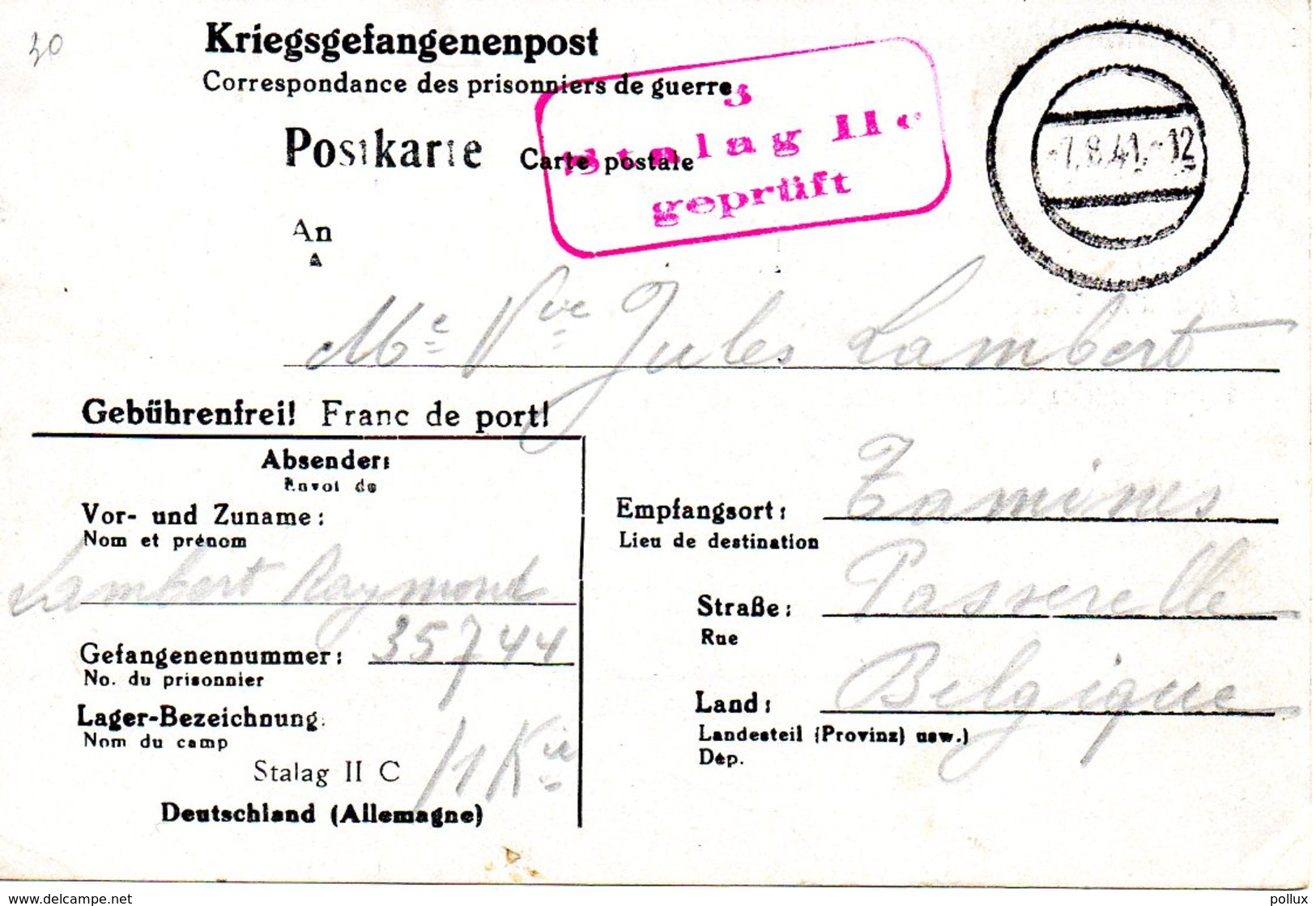 Kriegsgefangenenpost  Guerre 1940/45 Stalag II C Greifswald Reçu De Colis Départ De Tamines 1941 + Censure FIXED PRICE ! - Dokumente