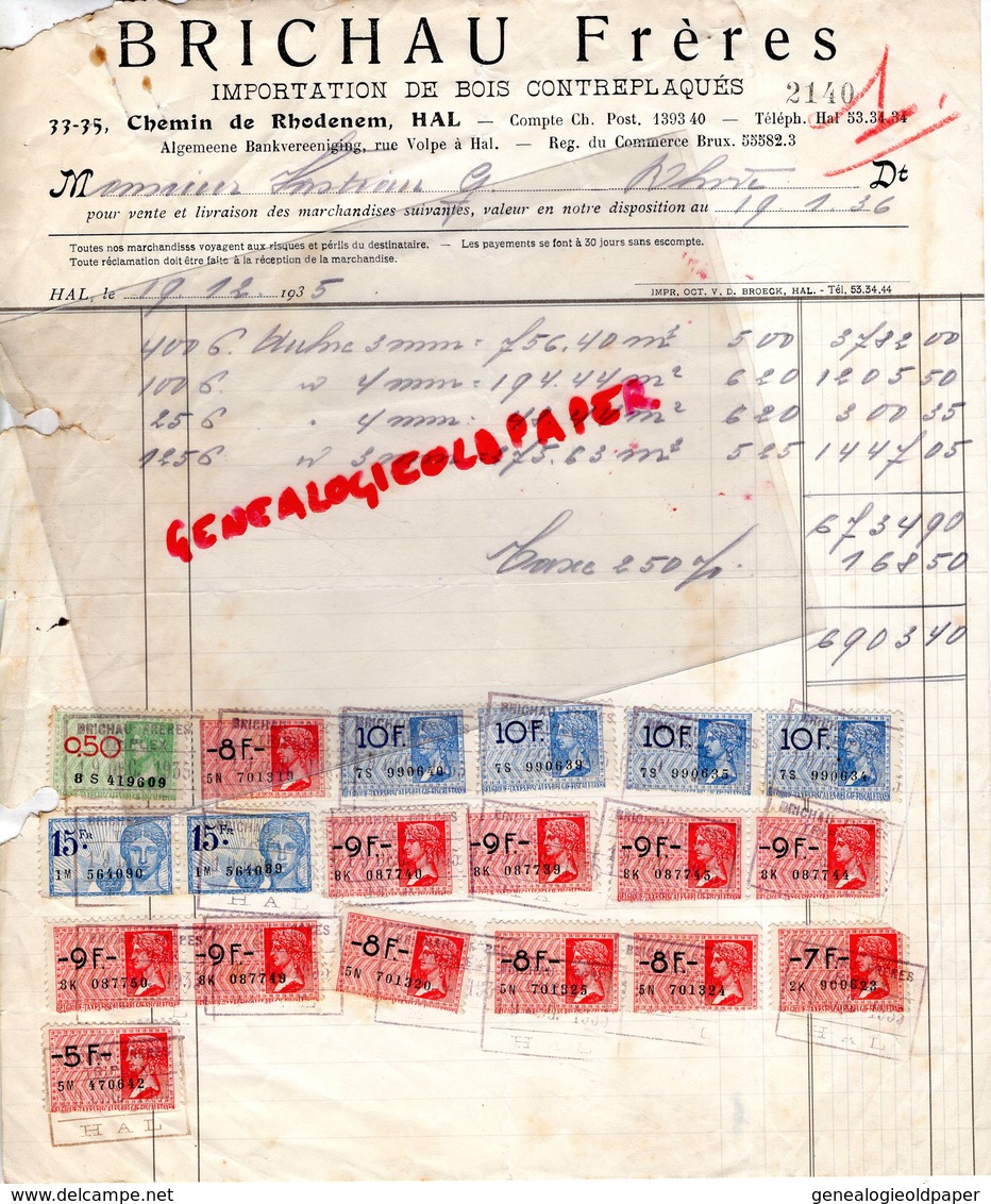 BELGIQUE - HAL- RARE FACTURE BRICHAU FRERES- IMPORTATION BOIS CONTREPLAQUES-33 CHEMIN DE RHODENEM-1935 - Ambachten