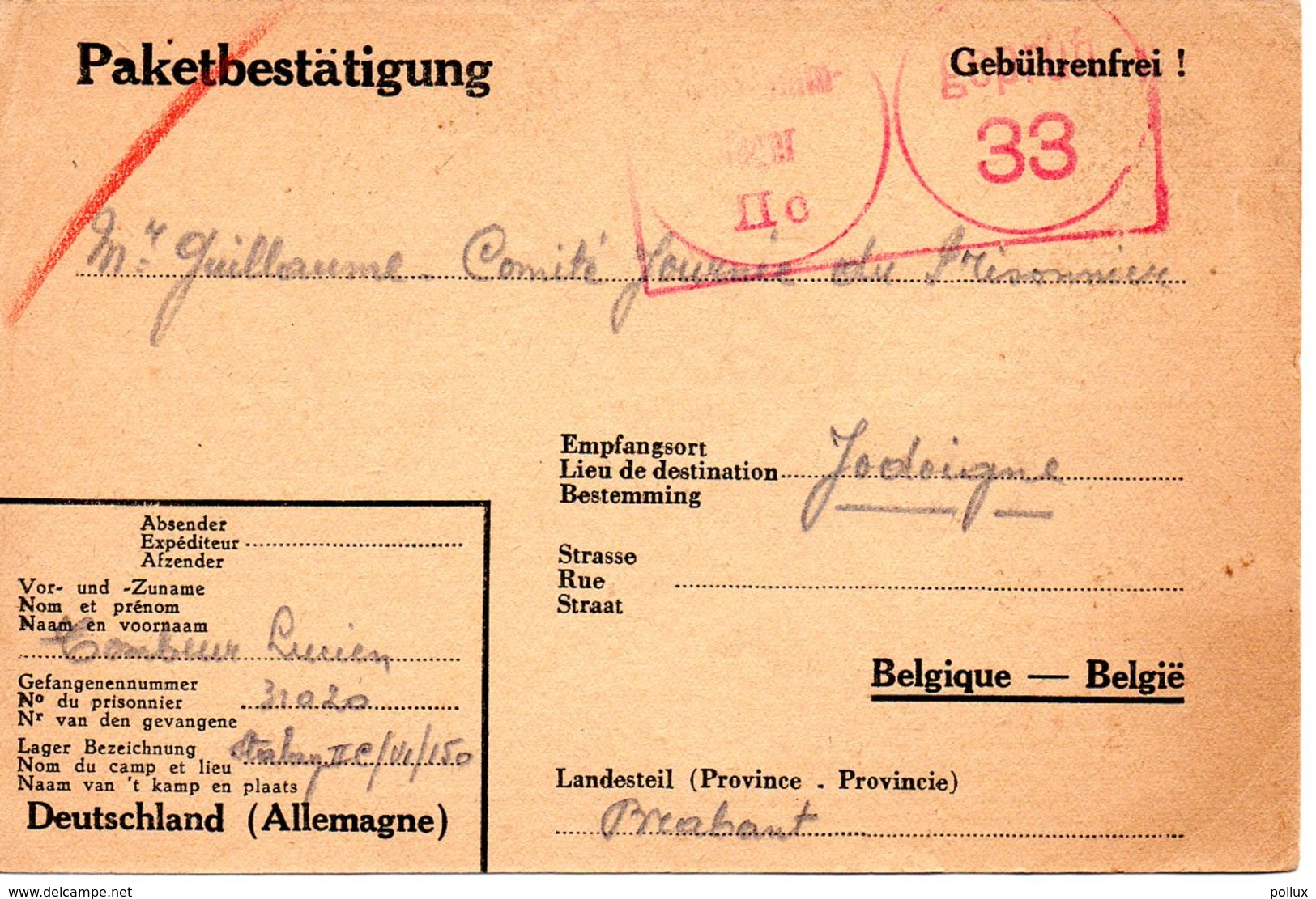 Kriegsgefangenenpost  Guerre 1940/45 Stalag II C Greifswald Reçu De Colis Vers JODOIGNE 1942 + Censure FIXED PRICE ! - Dokumente