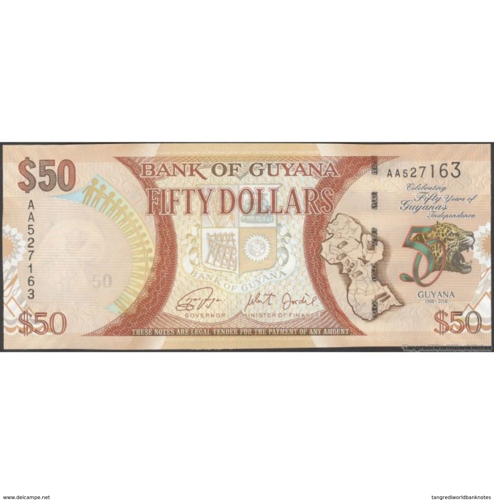 TWN - GUYANA 41 - 50 Dollars 2016 50th Ann. Of Independence - Prefix AA - Signatures: Ganga & Jordan UNC - Guyana