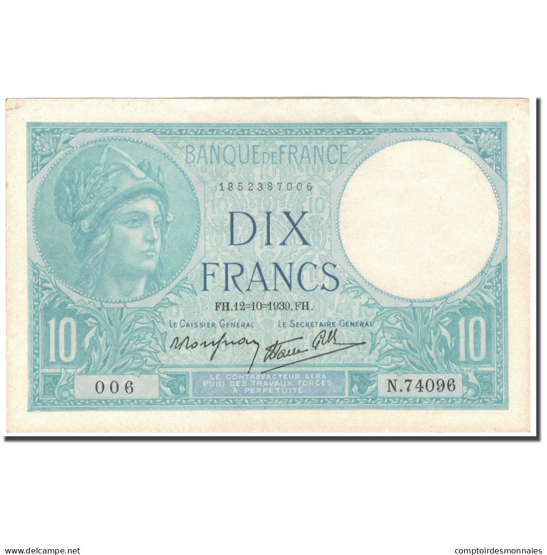 France, 10 Francs, 10 F 1916-1942 ''Minerve'', 1939-10-12, TTB+, Fayette:7.11 - 10 F 1916-1942 ''Minerve''