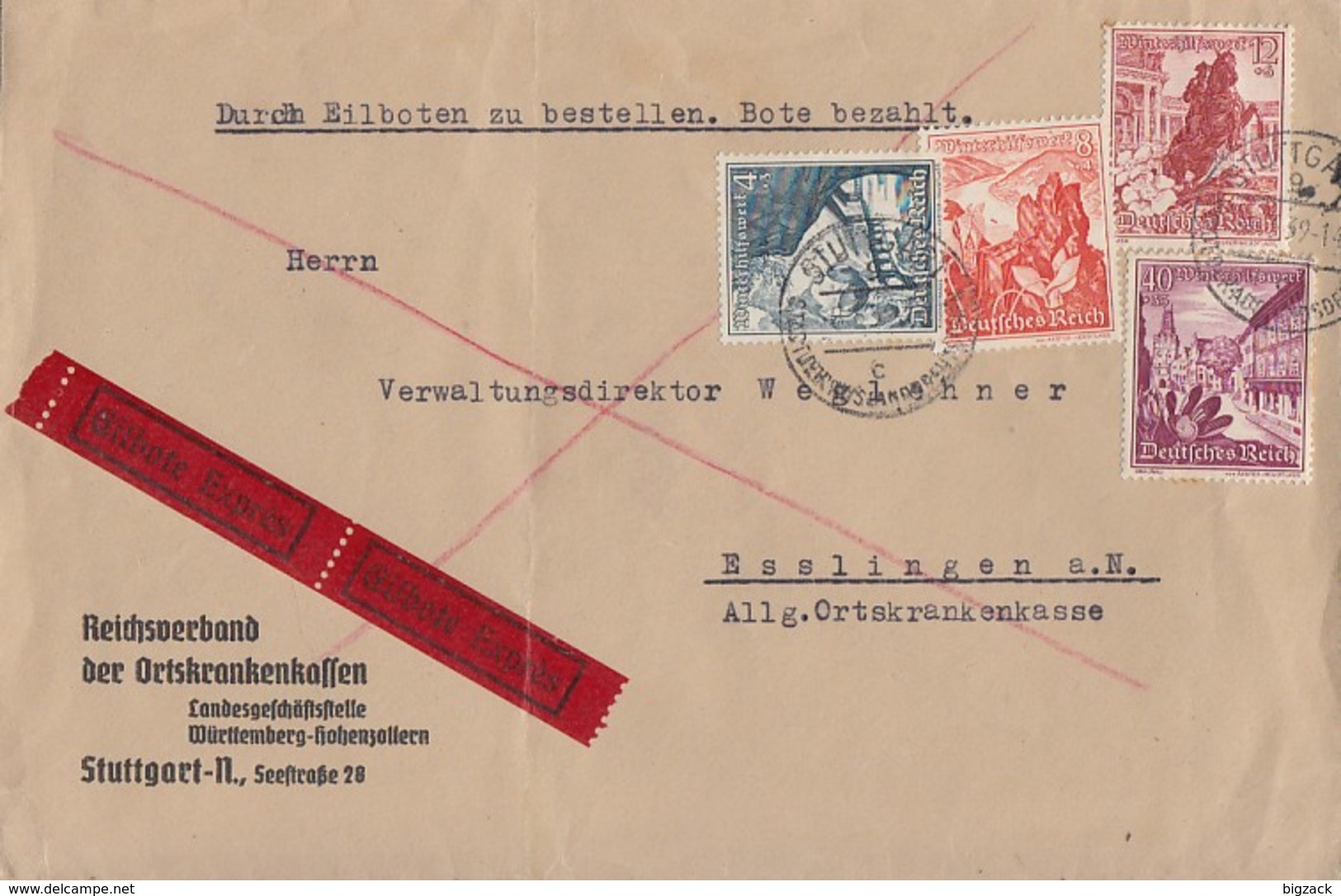 DR Brief Eilbote Mif Minr.676,679,680,683 Stuttgart 8.3.39 - Briefe U. Dokumente