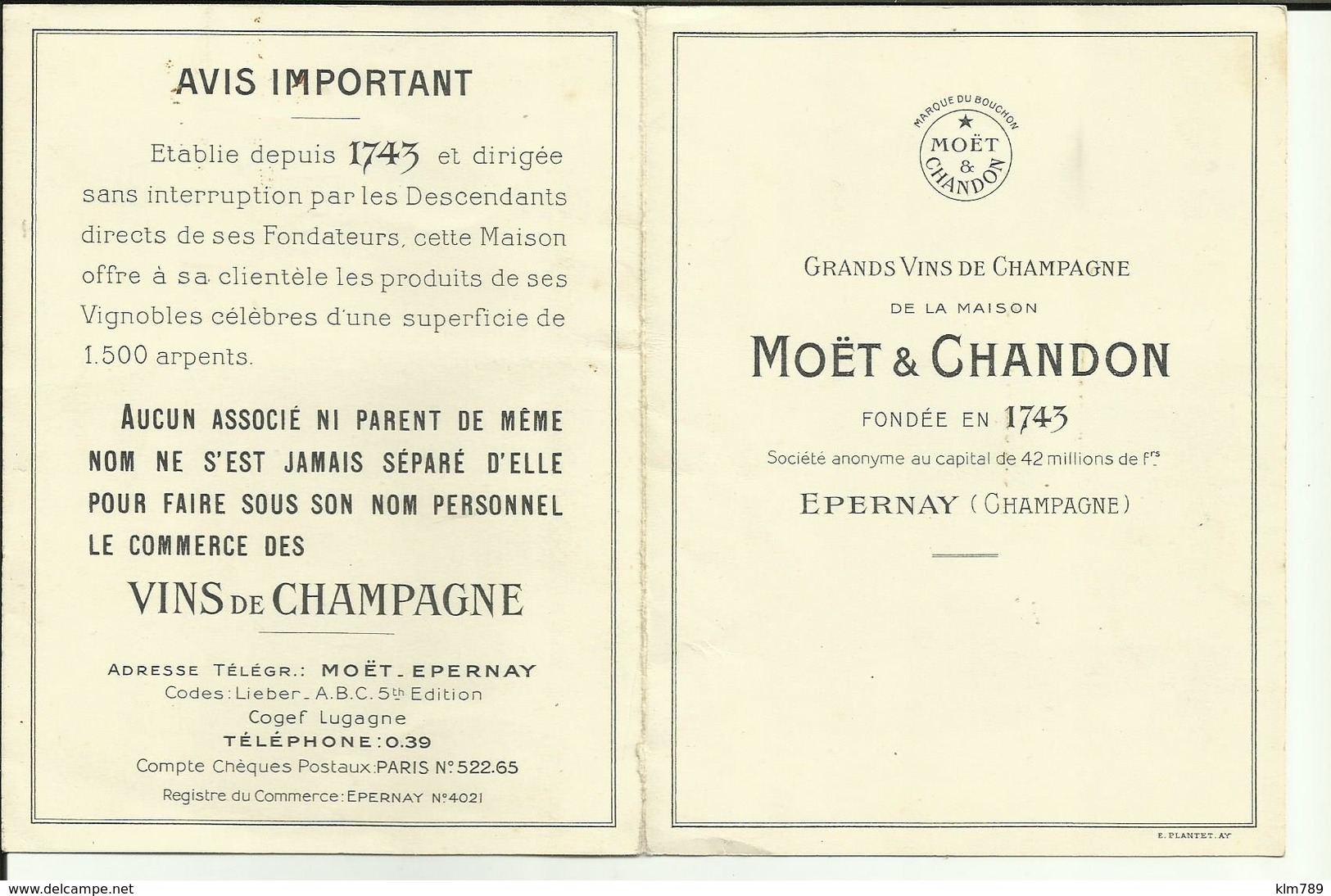 51 - Marne - Epernay -Publicité 2 Volets - Moet & Chandon - Couleurs --Vins - Champagne - - Advertising