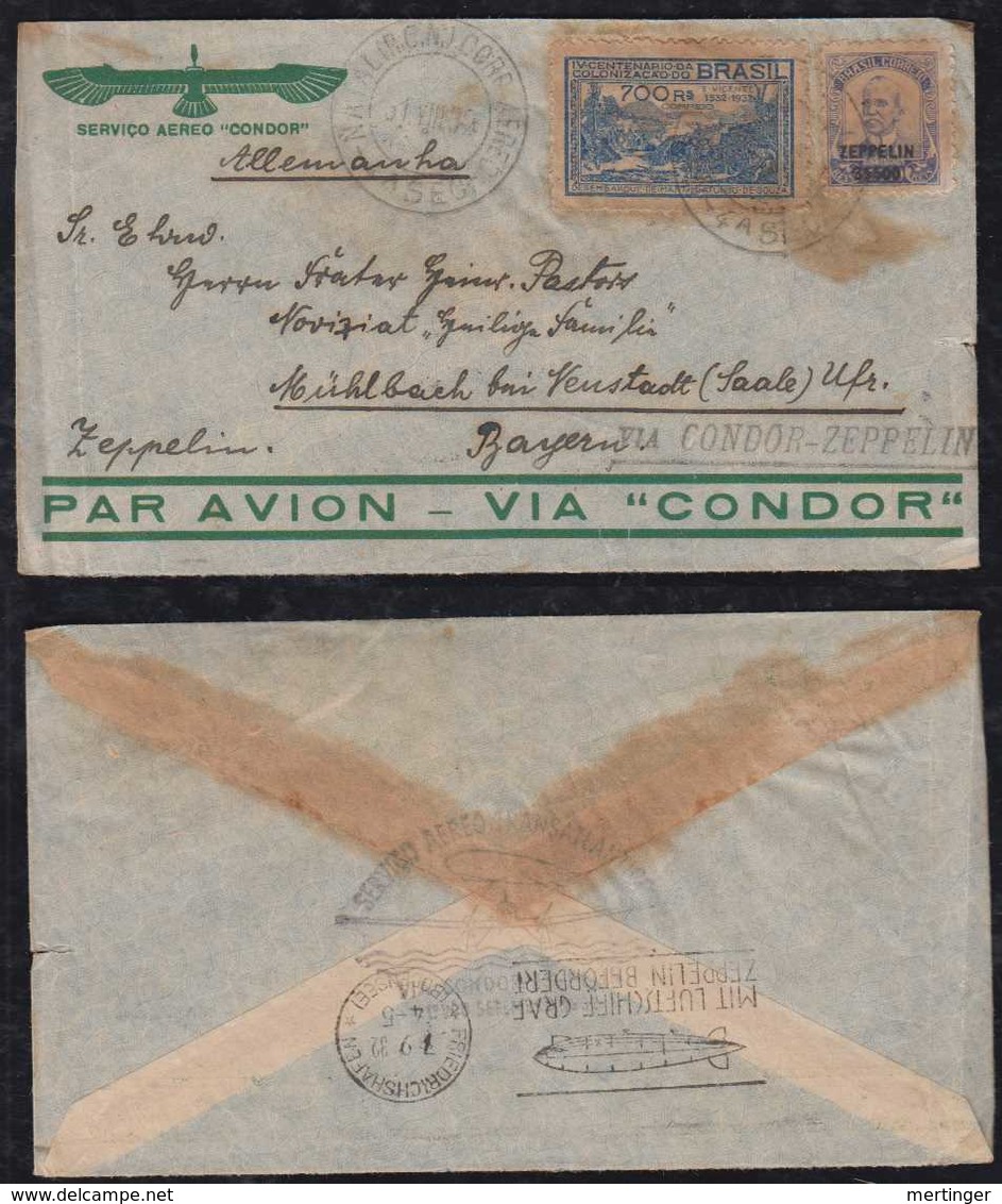 Brazil Brasil 1932 Zeppelin Cover NATAL To MUEHLBACH Germany Sieger 172 - Airmail (Private Companies)