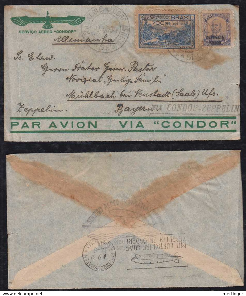 Brazil Brasil 1932 Zeppelin Cover NATAL To MUEHLBACH Germany Sieger 172 - Poste Aérienne (Compagnies Privées)