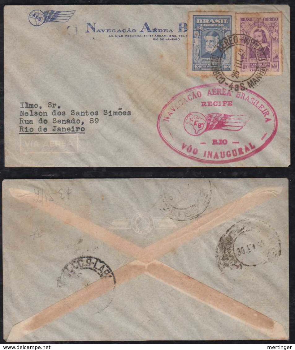 Brazil Brasil 1942 NAB Registered Airmail FFC First Flight RECIFE – RIO - Airmail (Private Companies)