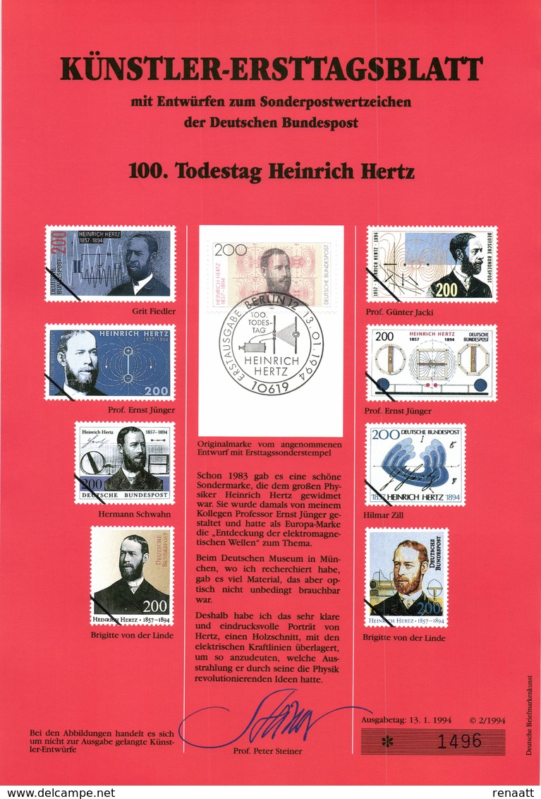 Germany 1994 Mi. 1710 FDC Art Card, Heinrich Hertz, German Physicist, Expanded Maxwell's Electromagnetic Theory Of Light - Electricity