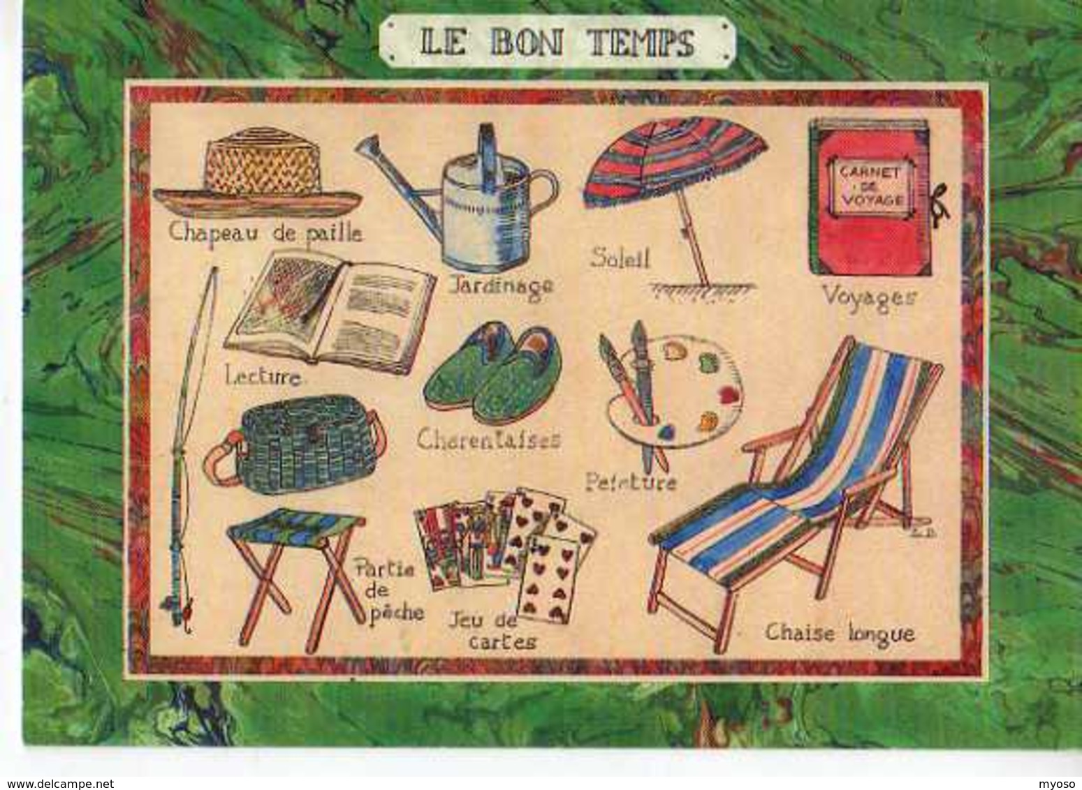 Louise DELETANG Le Bon Temps,chapeau Paille Arrosoir,parasol,palette De Peintre,jeu De Cartes,chaise Longue,canne A Pech - Autres & Non Classés