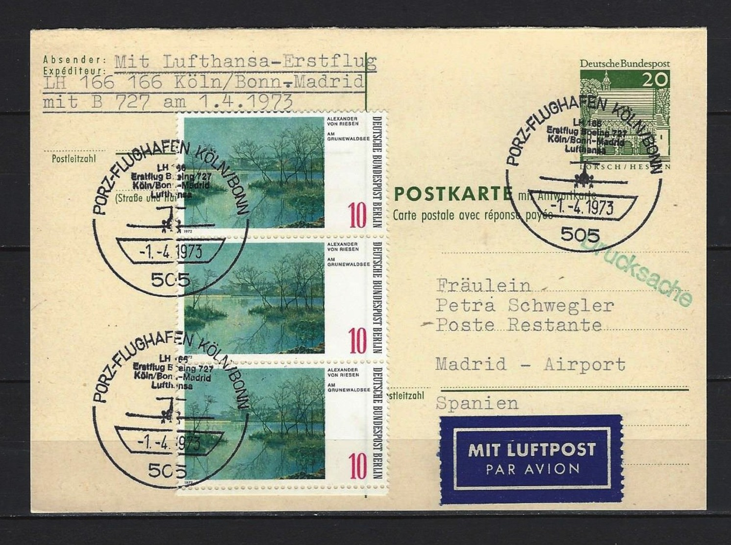 BUND -  P 98 F Postkarte Erstflug LH 166 Köln/Bonn-Madrid 1.4.1973 - Postkarten - Gebraucht