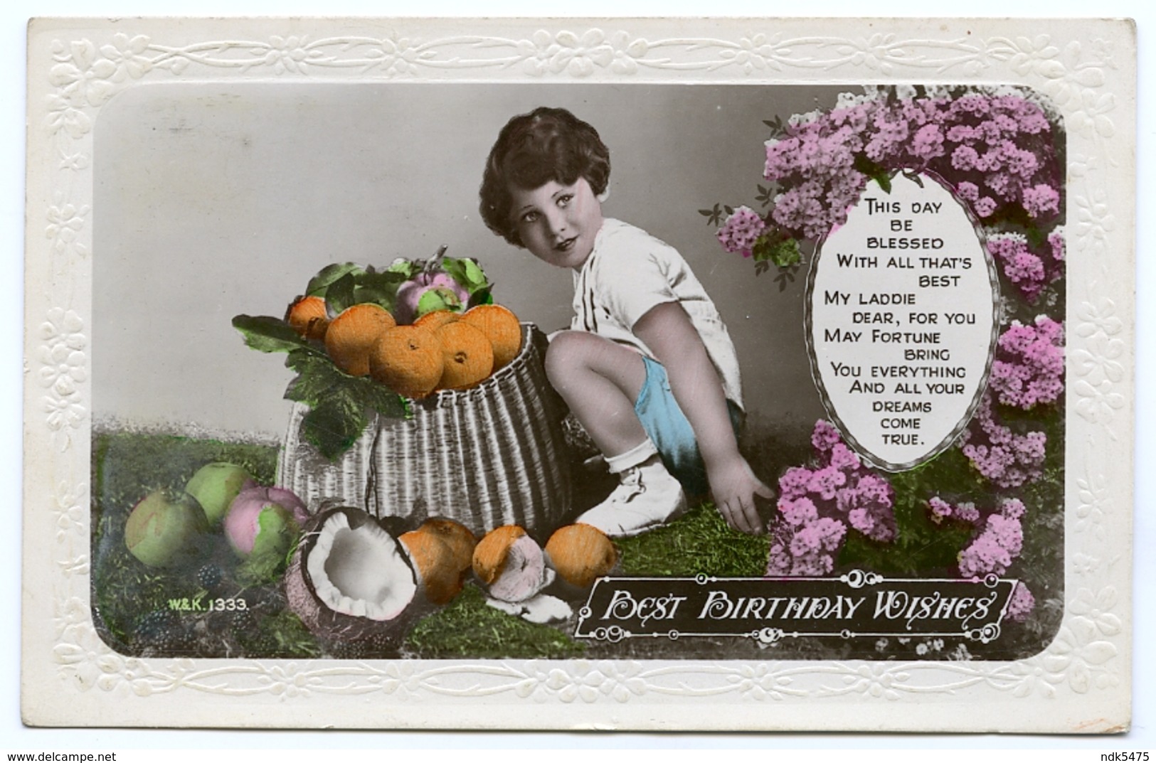 BEST BIRTHDAY WISHES : PRETTY GIRL AND BASKET OF FRUIT (EMBOSSED) / ADDRESS - MORECAMBE, BARE, SUNNYFIELD AVENUE - Birthday