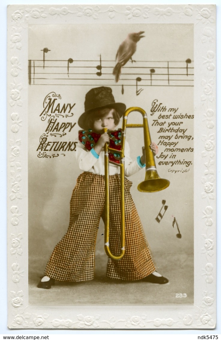 MANY HAPPY RETURNS : PRETTY GIRL PLAYING TROMBONE (EMBOSSED) - Birthday