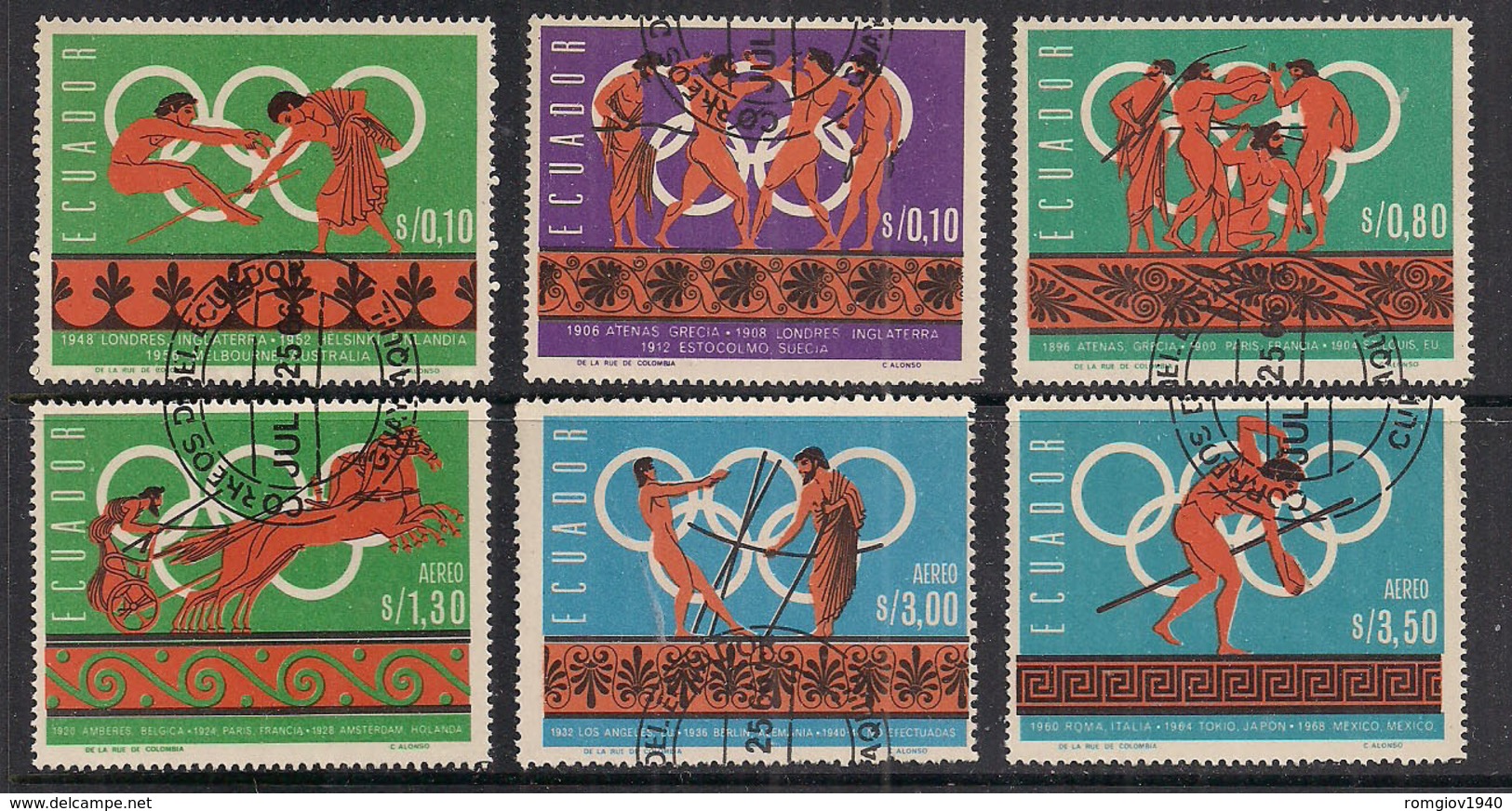 ECUADOR 1967 GIOCHI OLIMPICI IN MESSICO YVERT. 766-768 + POSTA AEREA 469-471 USATA VF - Ecuador