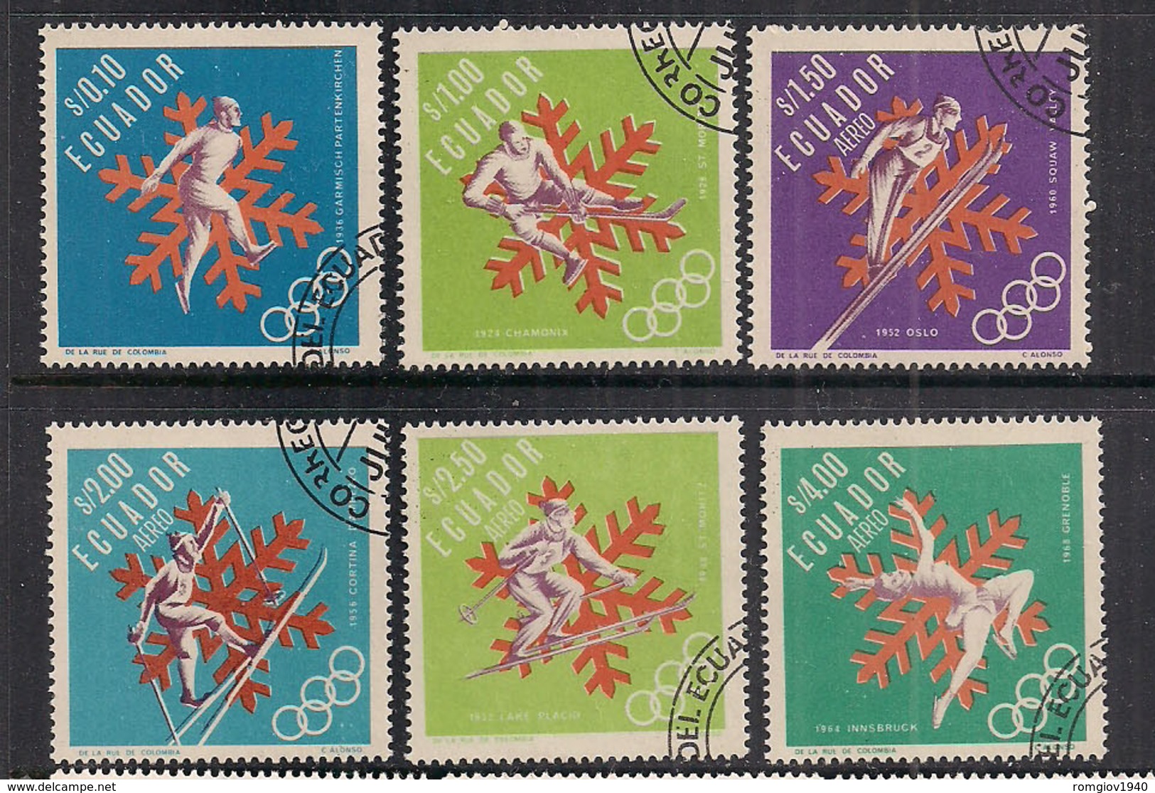 ECUADOR 1967 GIOCHI OLIMPICI INVERNALI A GRENOBLE YVERT. 769-770 + POSTA AEREA 472-475 USATA VF - Ecuador