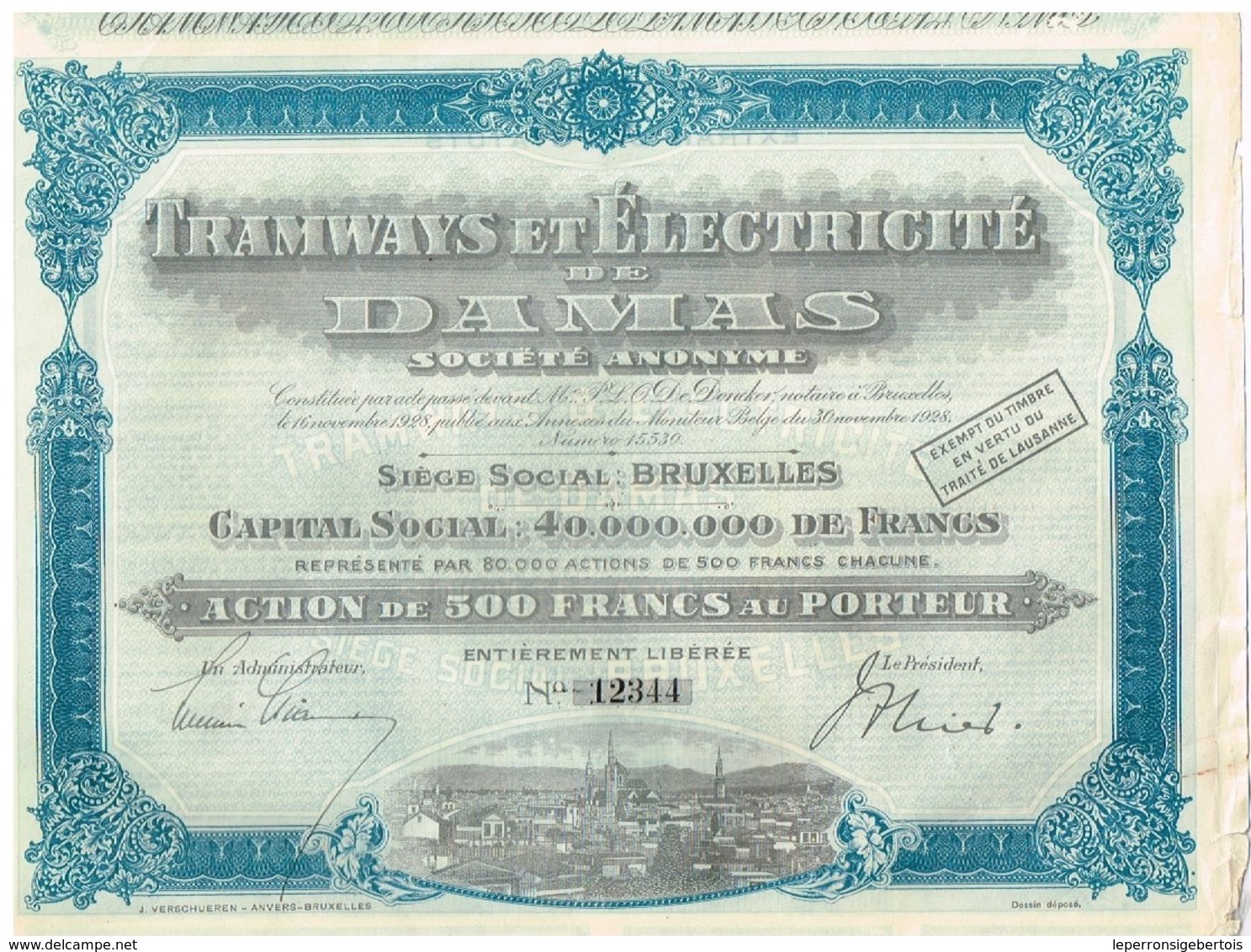 Ancienne Action - Tramways Et Electricité De Damas - Titre De 1928 - N° 12344 - Bahnwesen & Tramways